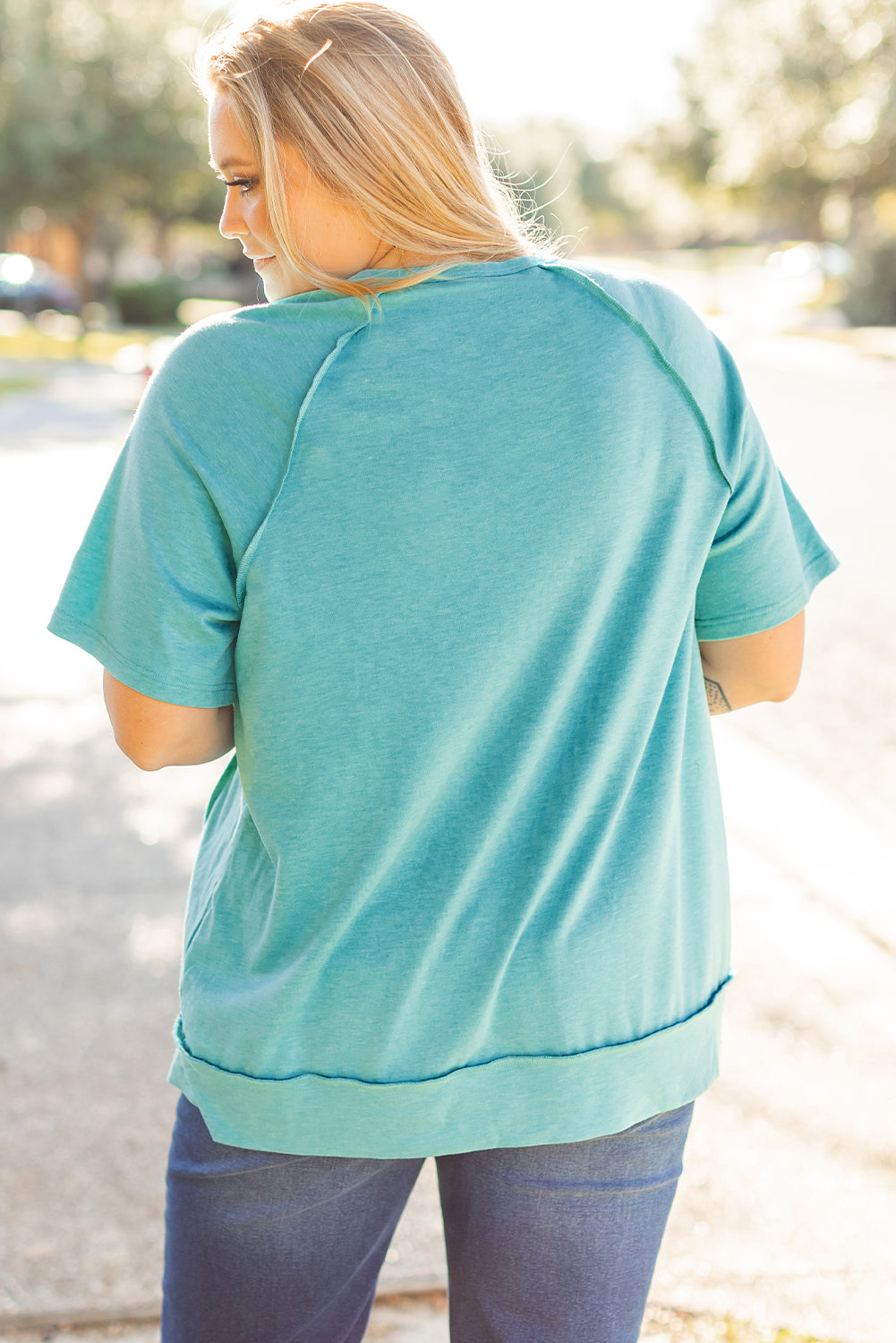 Mint Green Color Block Raglan Sleeve Buttoned Plus Size T Shirt-Plus Size/Plus Size Tops/Plus Size Tops & Tees-[Adult]-[Female]-2022 Online Blue Zone Planet