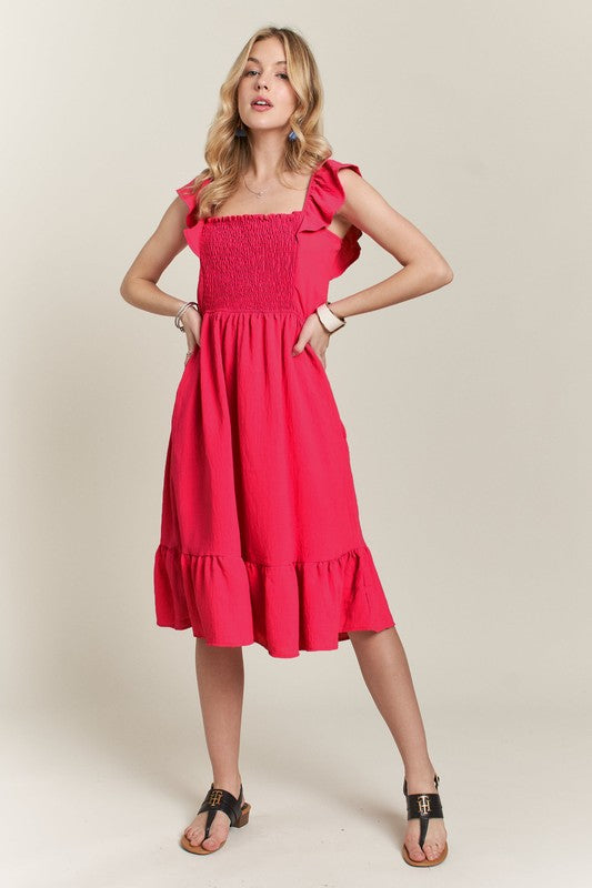 ADORA Smocked Square Neck Ruffled Cap Sleeve Dress-TOPS / DRESSES-[Adult]-[Female]-2022 Online Blue Zone Planet