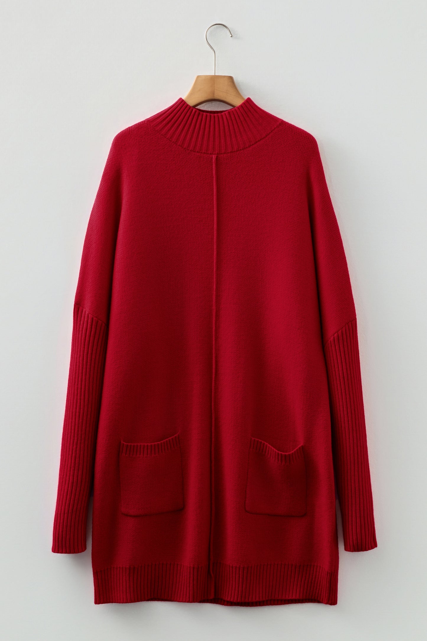 Fiery Red Ribbed High Neck Front Pockets Center Seam Shift Sweater Dress-TOPS / DRESSES-[Adult]-[Female]-2022 Online Blue Zone Planet