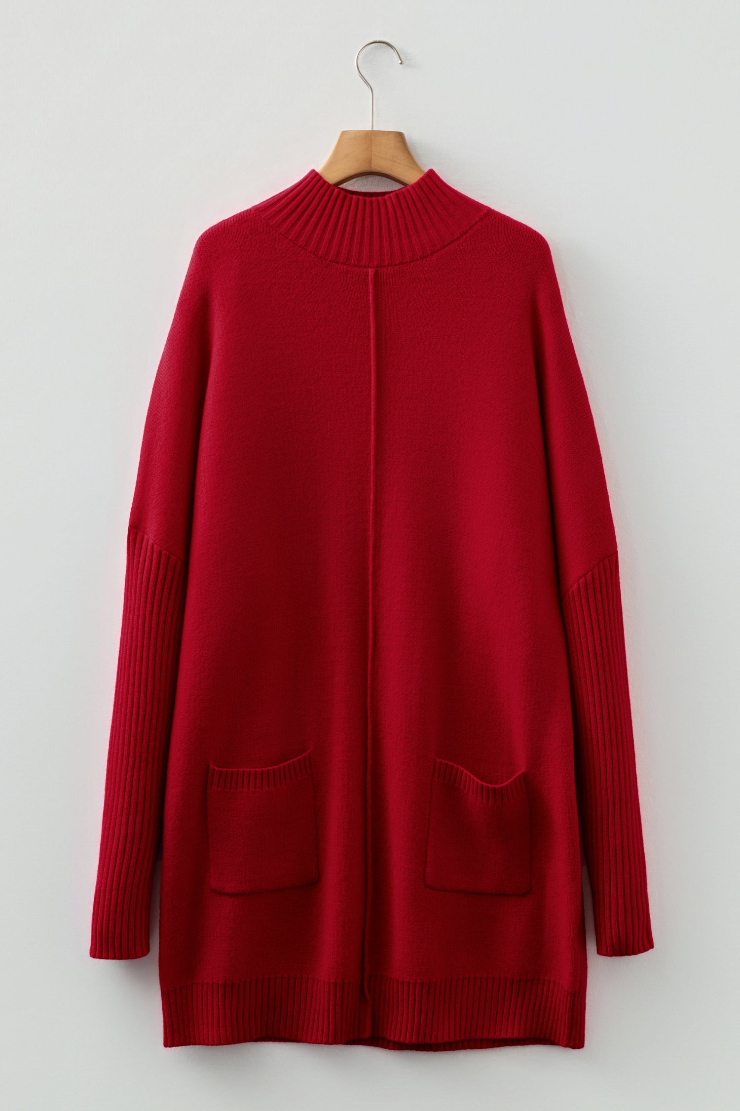 Fiery Red Ribbed High Neck Front Pockets Center Seam Shift Sweater Dress-TOPS / DRESSES-[Adult]-[Female]-2022 Online Blue Zone Planet