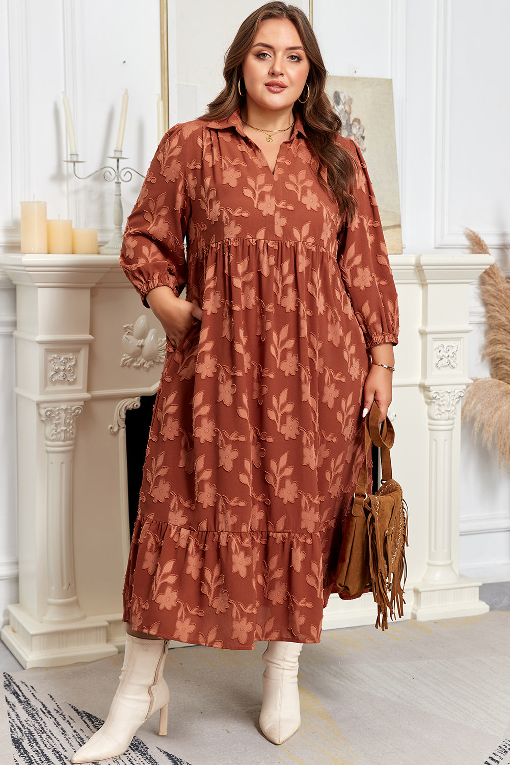 Cinnamon Plus Size Textured 3d Flower Pattern Ruffle Hem 3/4 Sleeve Long Dress-TOPS / DRESSES-[Adult]-[Female]-Cinnamon-1X-2022 Online Blue Zone Planet
