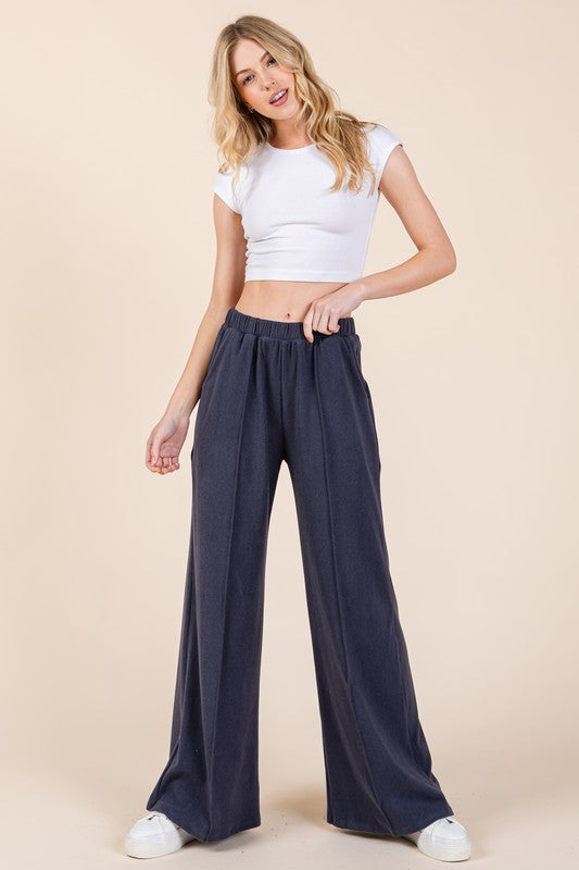 BOMBOM Elastic Waist Wide Leg Pants with Pockets-BOTTOMS SIZES SMALL MEDIUM LARGE-[Adult]-[Female]-Navy-S-2022 Online Blue Zone Planet