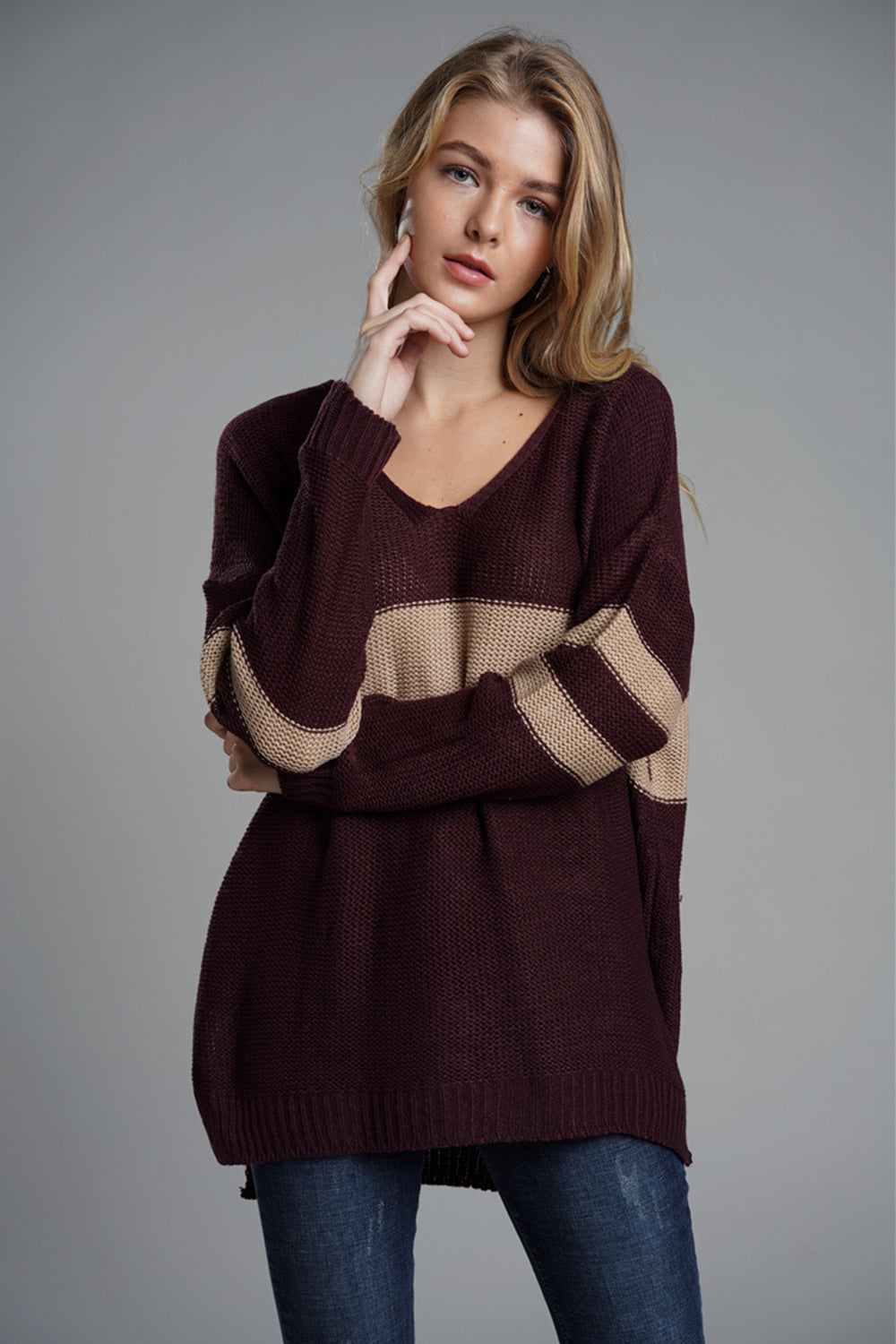 Slit Contrast V-Neck Long Sleeve Sweater-TOPS / DRESSES-[Adult]-[Female]-Burgundy-S-2022 Online Blue Zone Planet