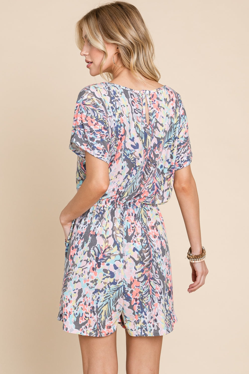 BOMBOM Printed Short Sleeve Drawstring Romper-TOPS / DRESSES-[Adult]-[Female]-2022 Online Blue Zone Planet