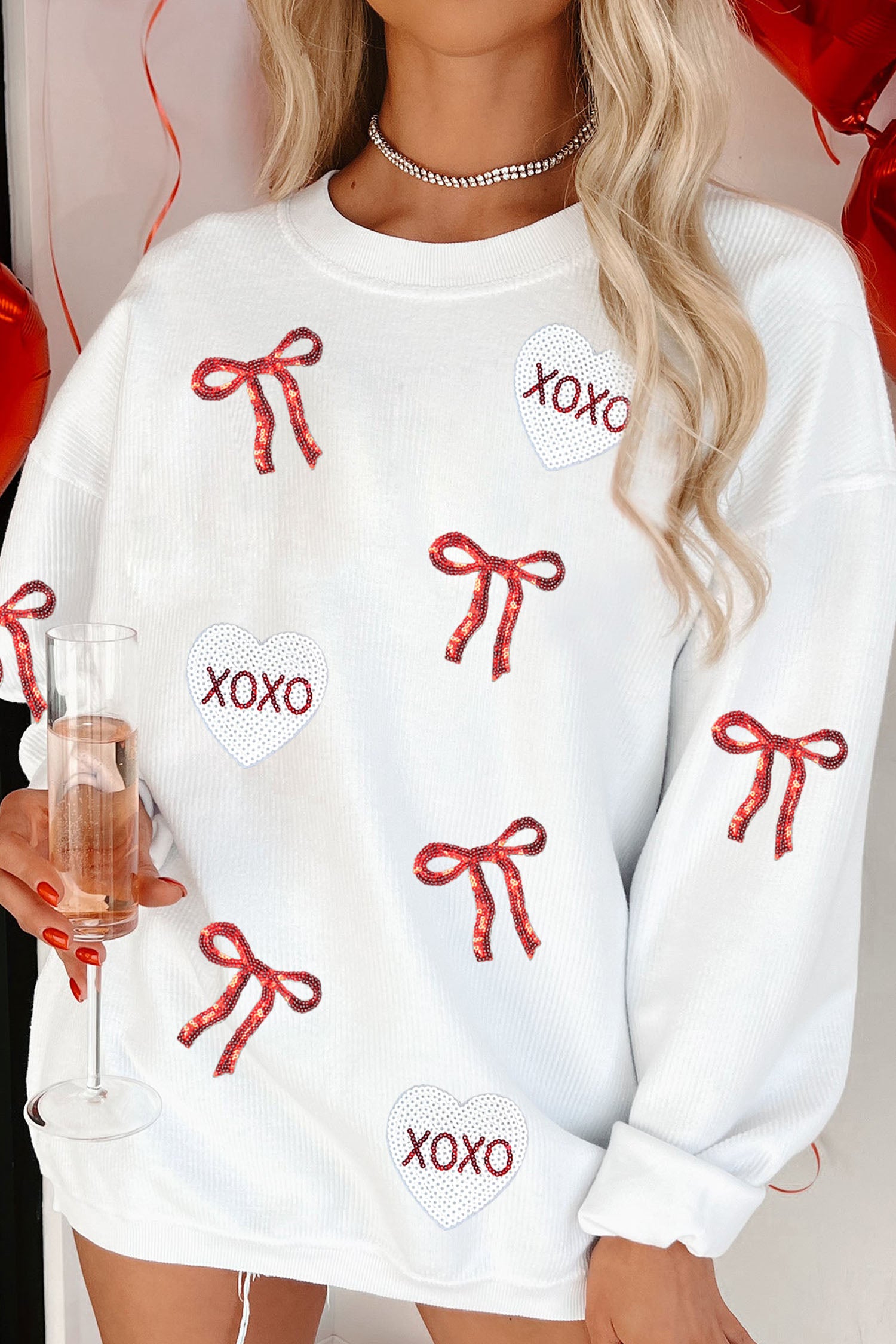 White Sequin Ribbon Bow XOXO Heart Patched Corded Rib Pullover Sweatshirt-Graphic Sweatshirts-[Adult]-[Female]-White-2XL-2022 Online Blue Zone Planet