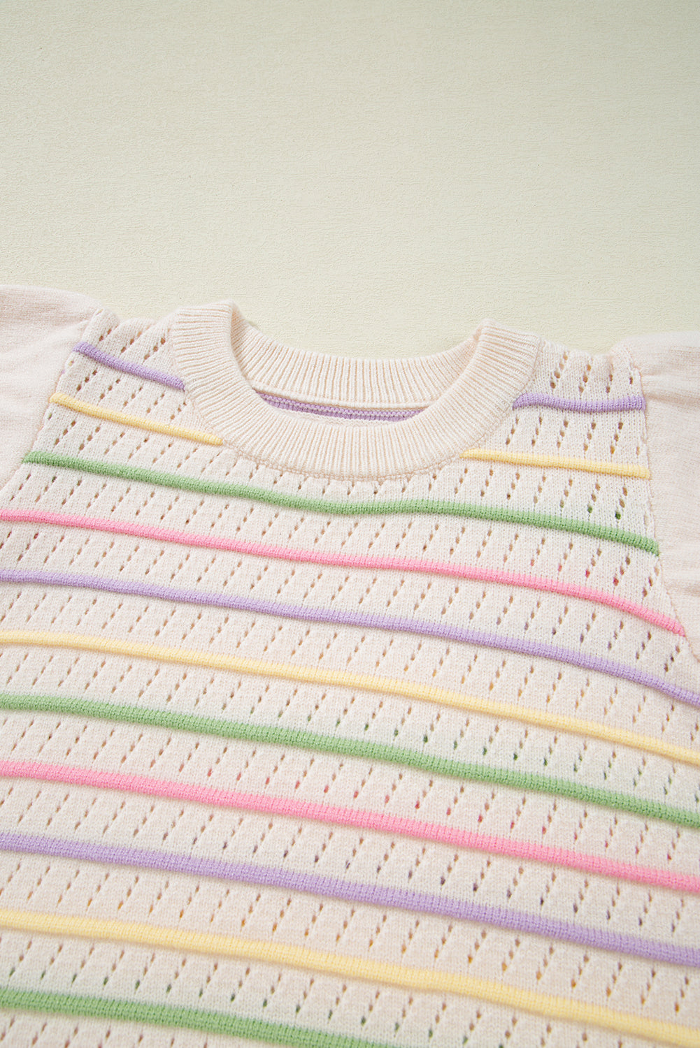Oatmeal Colorful Striped Eyelet Knit Ruffled Sleeve Sweater T Shirt-Sweaters & Cardigans/Short Sleeve Sweaters-[Adult]-[Female]-2022 Online Blue Zone Planet
