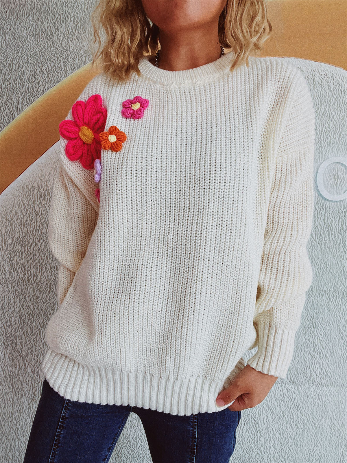 Crochet Flower Round Neck Dropped Shoulder Sweater-TOPS / DRESSES-[Adult]-[Female]-2022 Online Blue Zone Planet