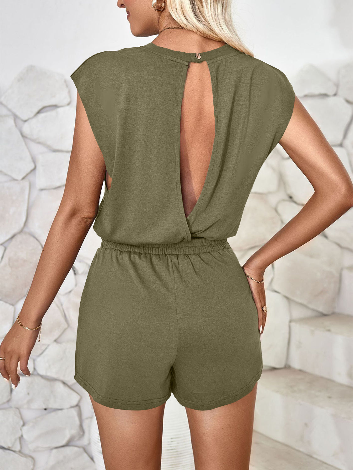 Blue Zone Planet | Lovelet Cutout Round Neck Cap Sleeve Romper-TOPS / DRESSES-[Adult]-[Female]-Matcha Green-S-2022 Online Blue Zone Planet