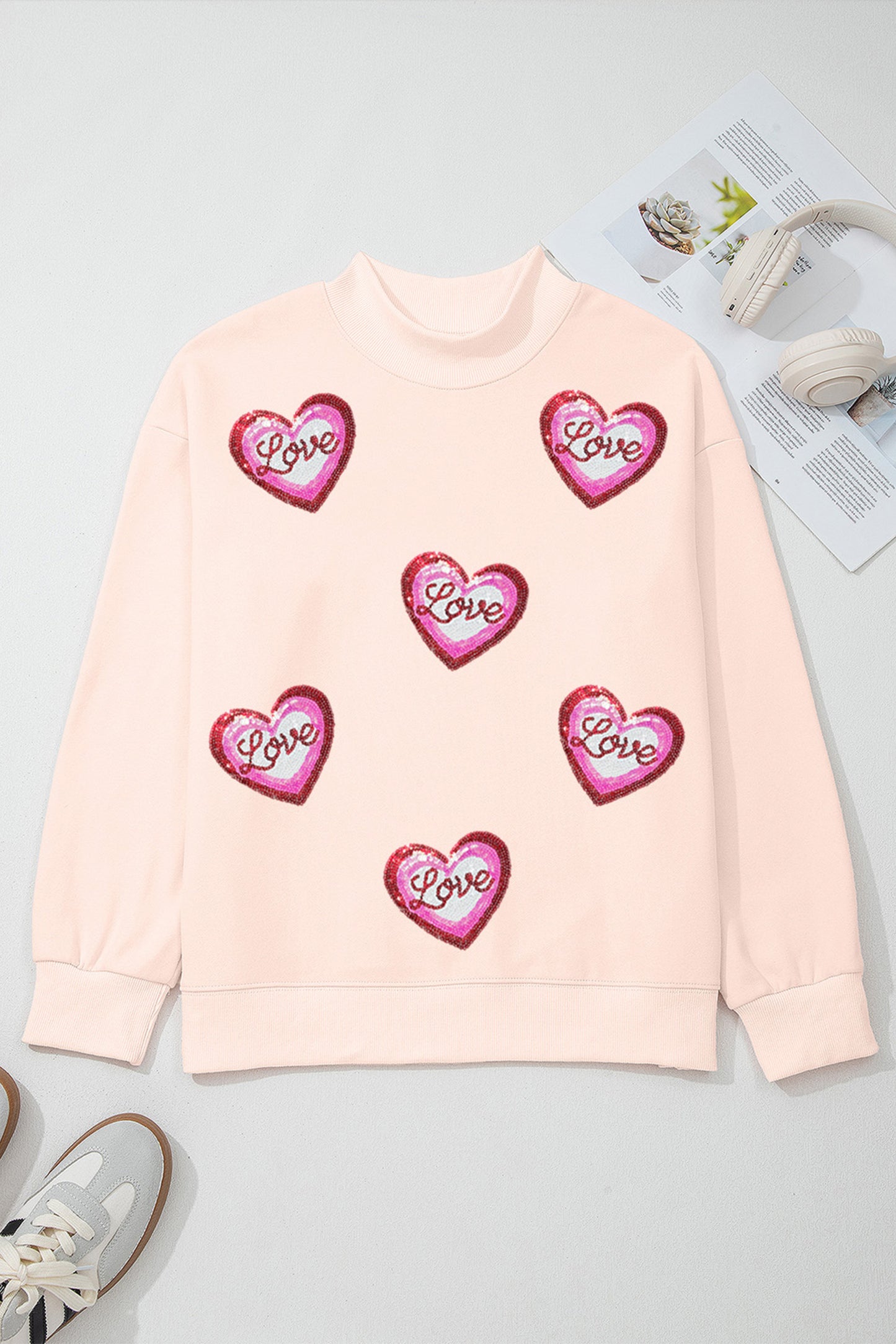 Apricot Pink Sequin Love Heart Patched Mock Neck Sweatshirt-Graphic Sweatshirts-[Adult]-[Female]-2022 Online Blue Zone Planet