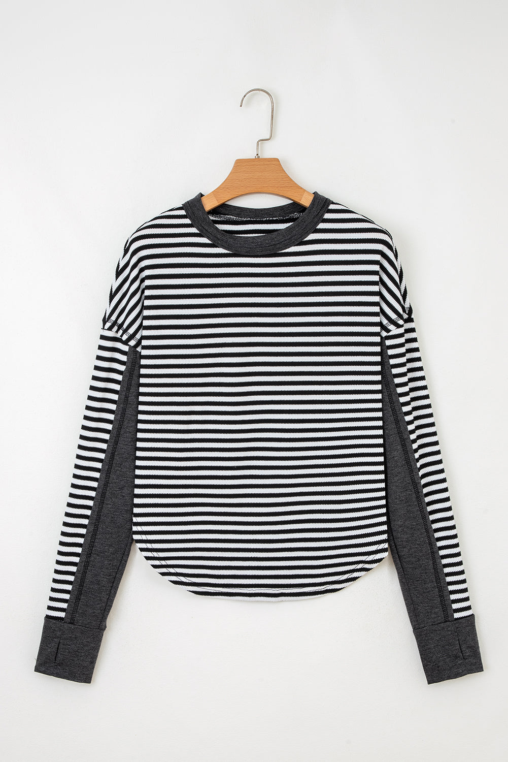 Black Stripe Thermal Knit Drop Shoulder Casual Top-Tops/Long Sleeve Tops-[Adult]-[Female]-2022 Online Blue Zone Planet