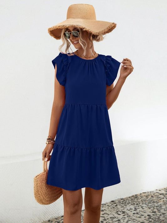 Ruffled Round Neck Cap Sleeve Mini Dress-TOPS / DRESSES-[Adult]-[Female]-Dark Blue-S-2022 Online Blue Zone Planet