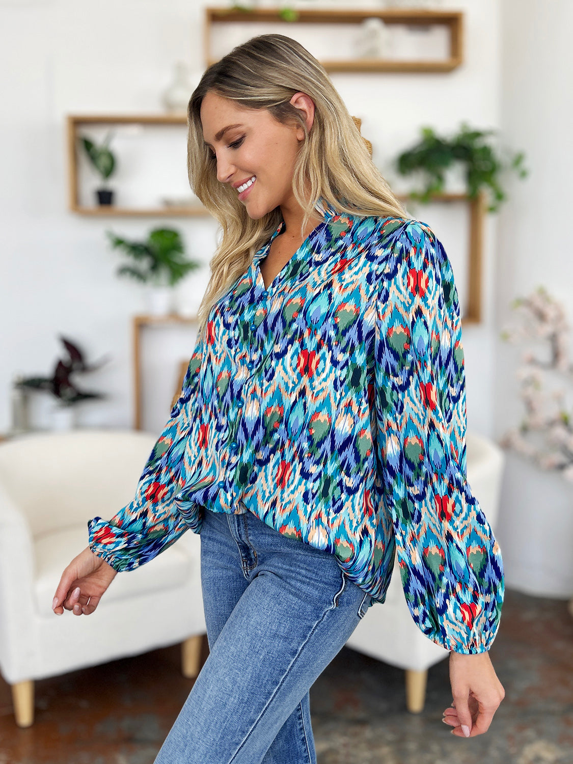 Blue Zone Planet | Double Take Full Size Printed Balloon Sleeve Blouse-TOPS / DRESSES-[Adult]-[Female]-2022 Online Blue Zone Planet