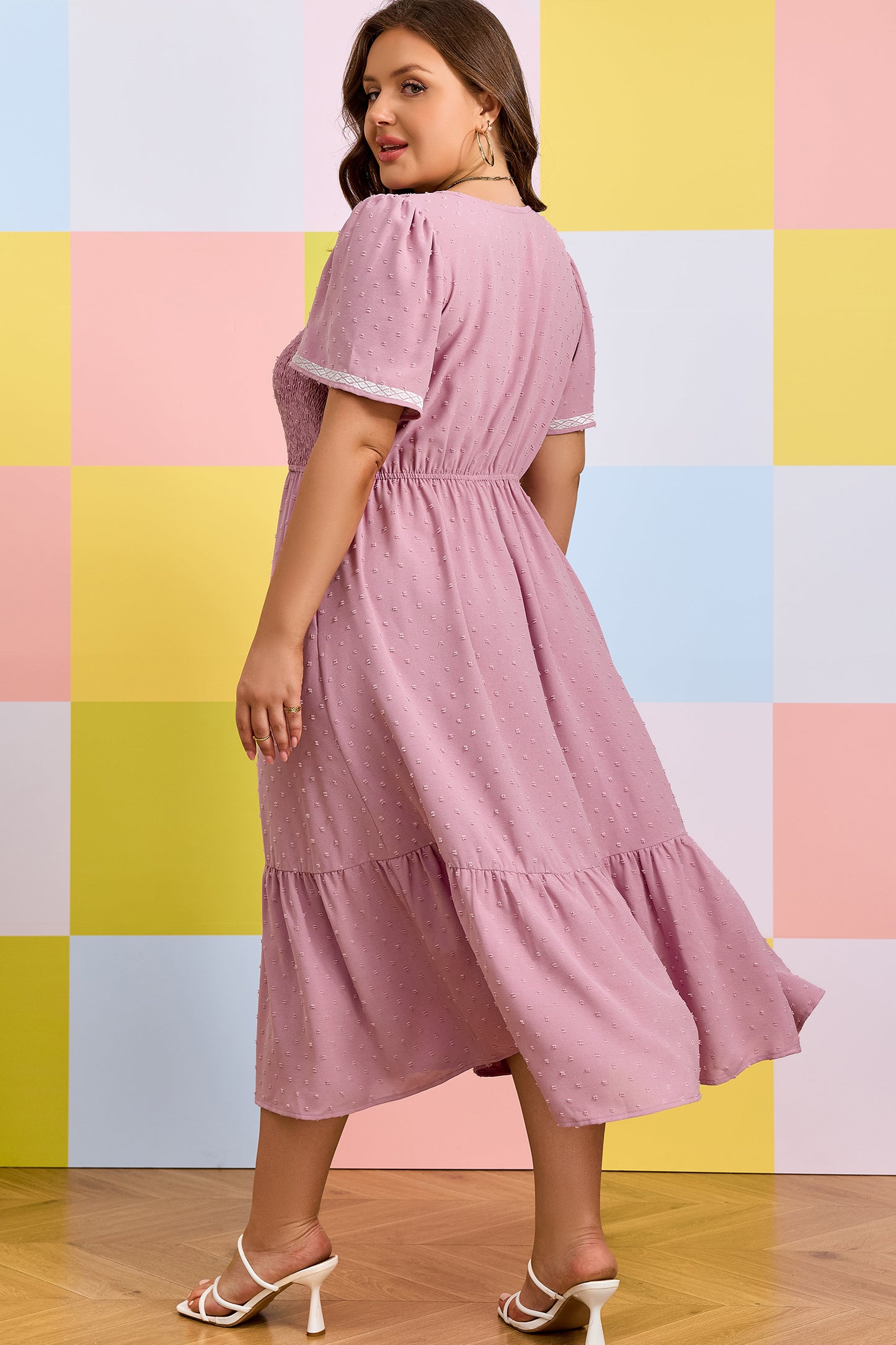Pink Plus Size Swiss Dot Short Sleeve Smocked High Waist Flowy Midi Dress-TOPS / DRESSES-[Adult]-[Female]-2022 Online Blue Zone Planet