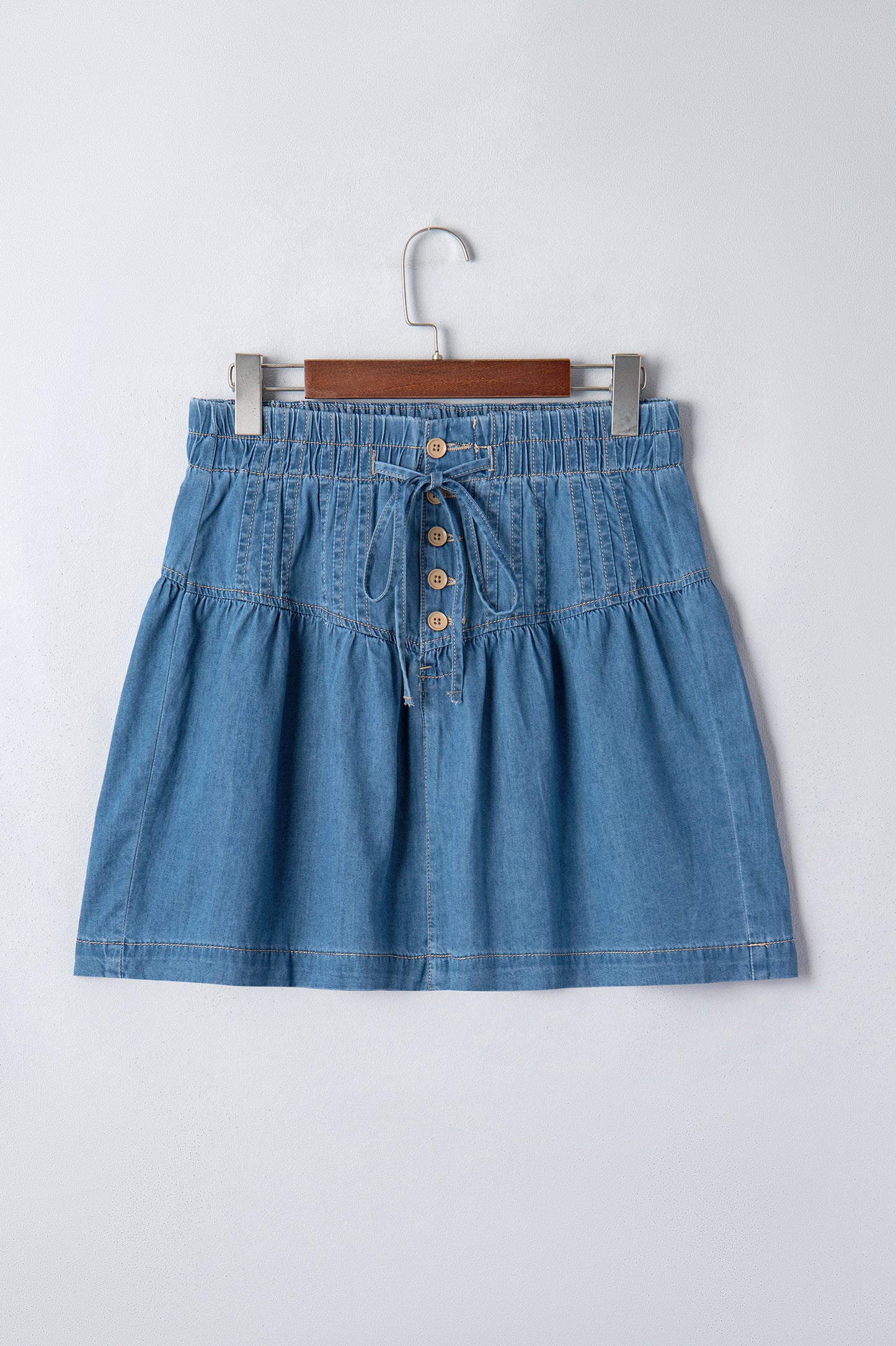 Sky Blue Half Buttons Pleated High Waist Denim Mini Skirt with Drawstring-Bottoms/Skirts & Petticoat-[Adult]-[Female]-2022 Online Blue Zone Planet
