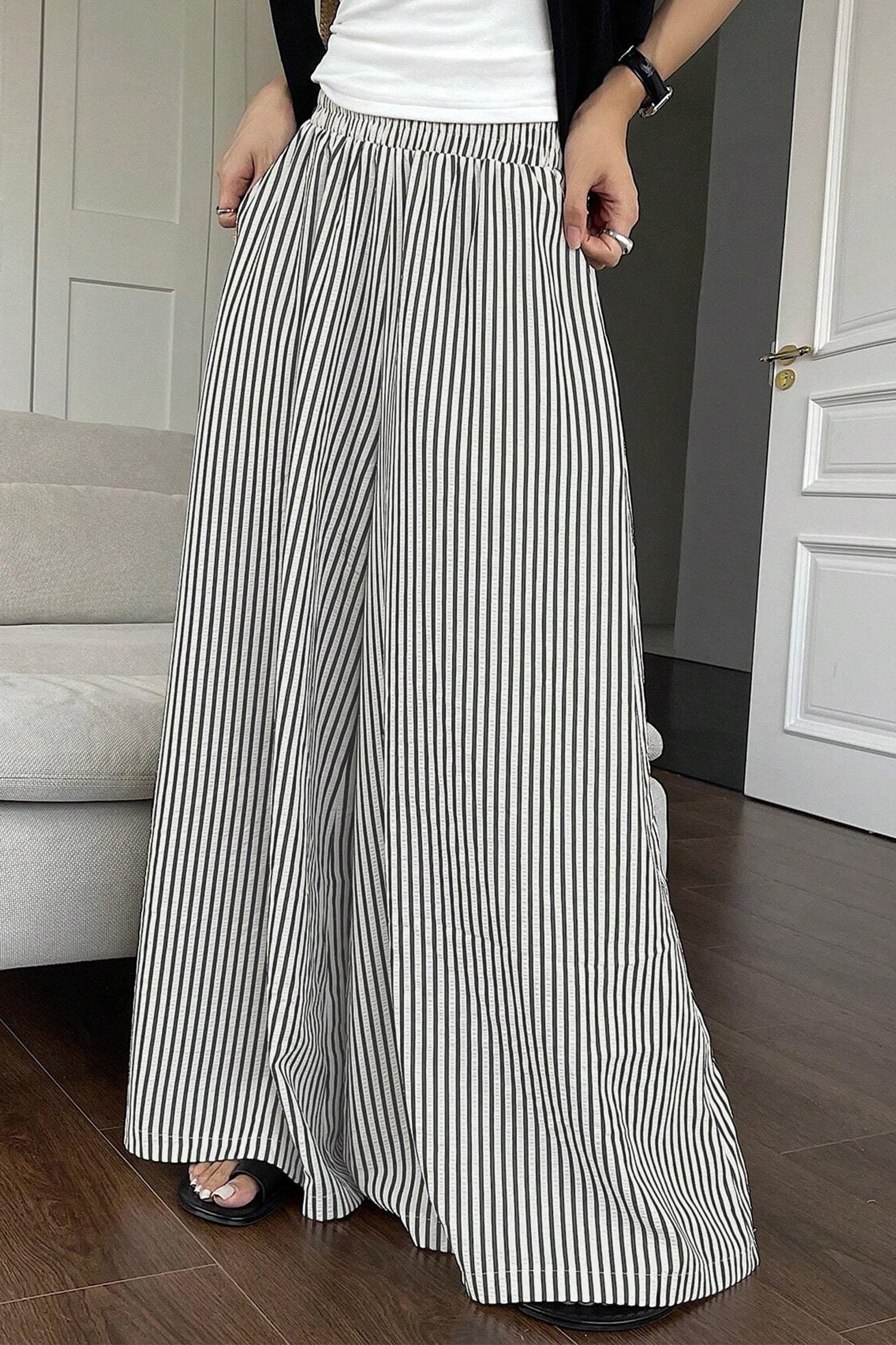 Black Stripe Elastic Waist Ultra Wide Leg Pants-Bottoms/Pants & Culotte-[Adult]-[Female]-2022 Online Blue Zone Planet