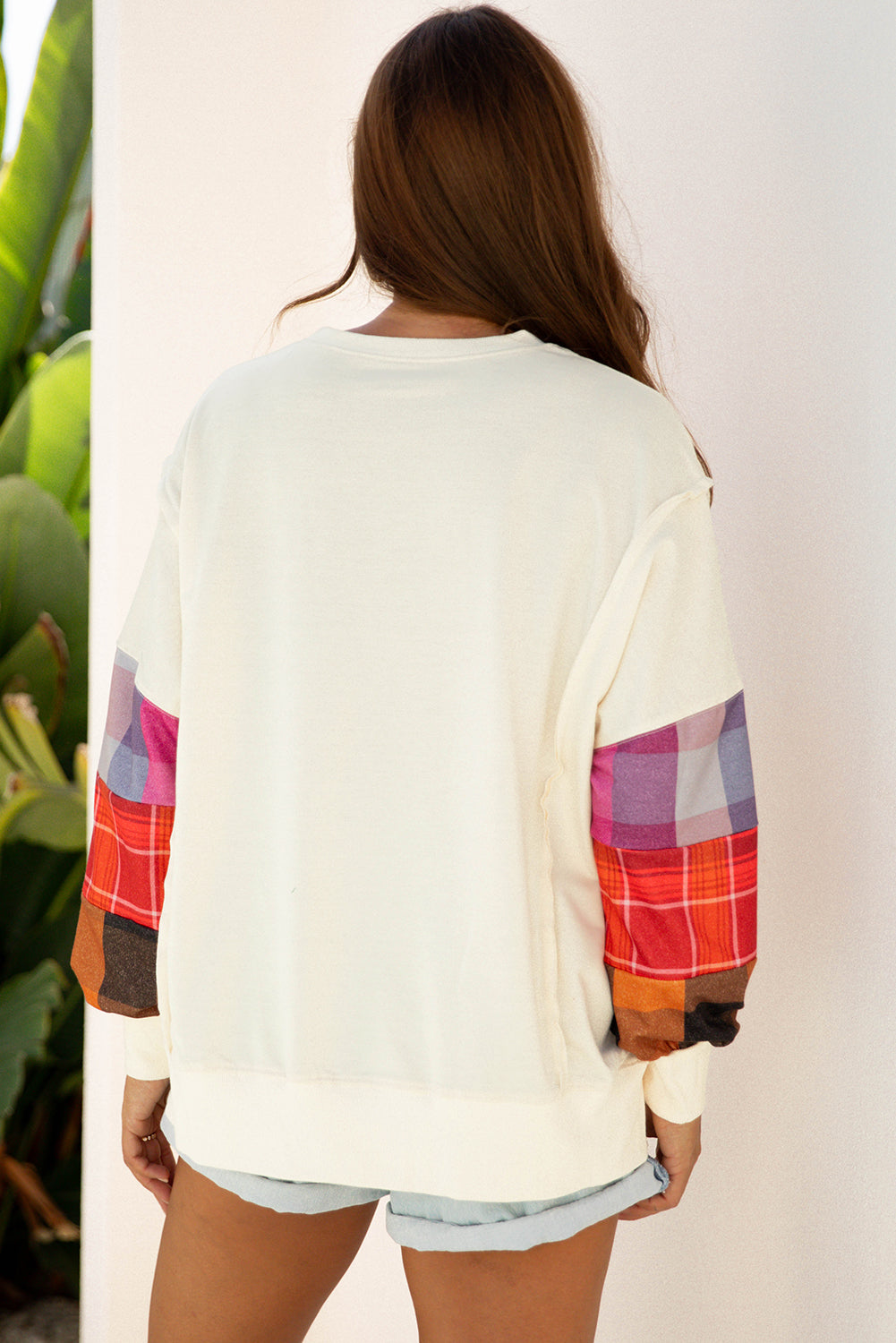 Beige Contrast Plaid Long Sleeve Exposed Seam Patchwork Top-Tops/Long Sleeve Tops-[Adult]-[Female]-2022 Online Blue Zone Planet