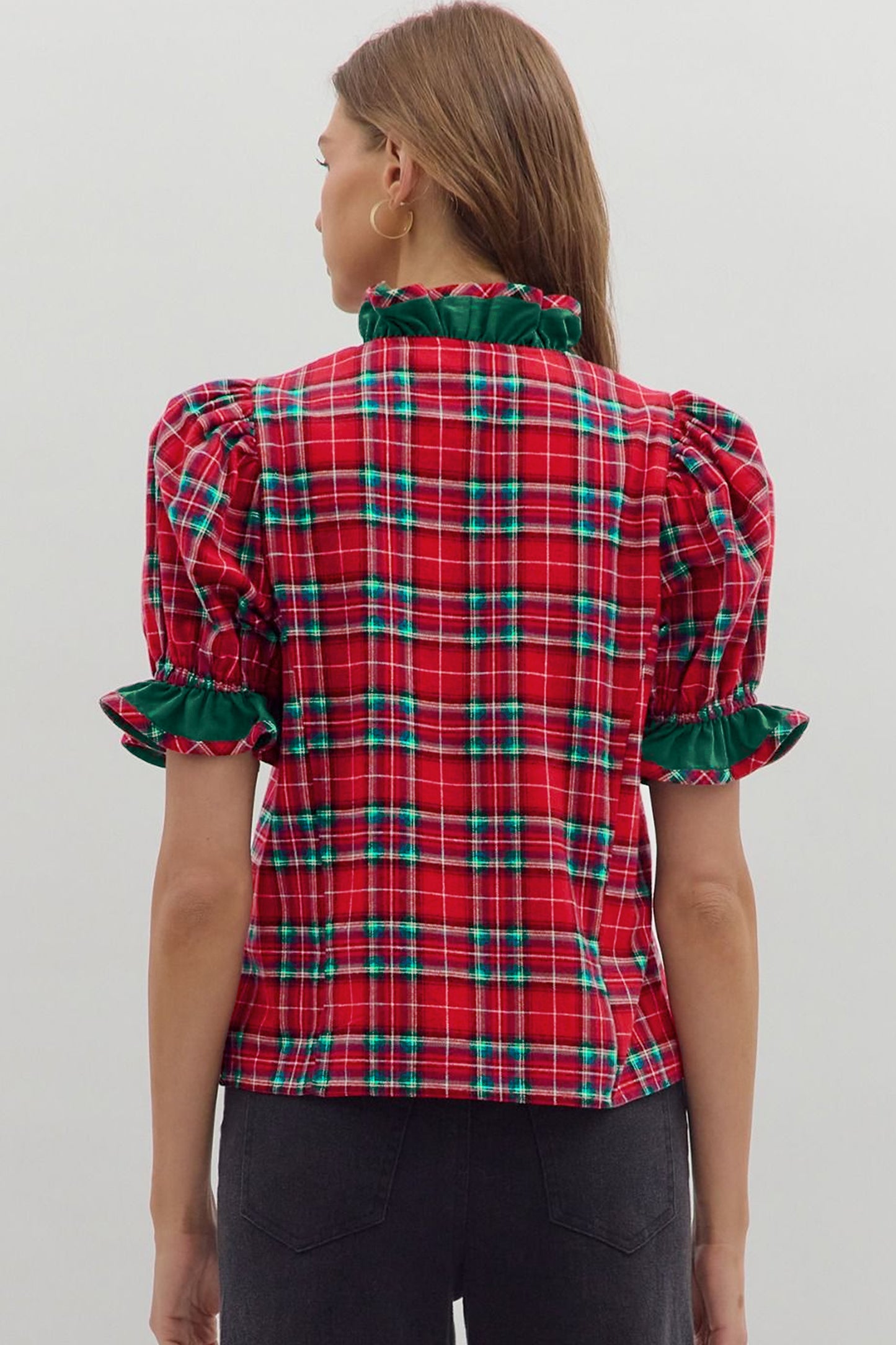Red Plaid V Neck Ruffle Color Block Trim Short Sleeve Shirt