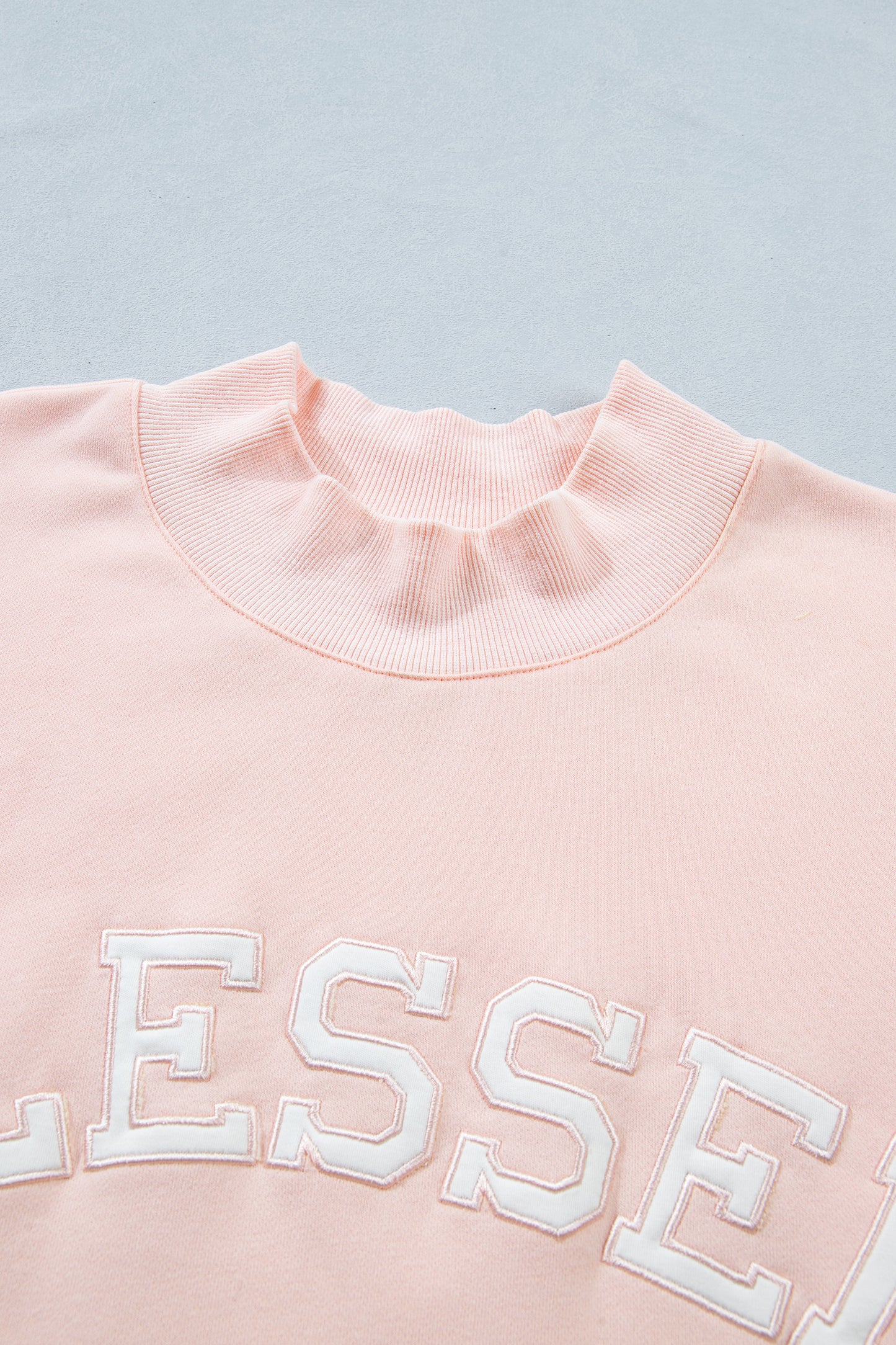 Light Pink BLESSED Embroidered Trim Patch Graphic Plus Size Mock Neck Sweatshirt-Plus Size/Plus Size Sweatshirts & Hoodies-[Adult]-[Female]-2022 Online Blue Zone Planet