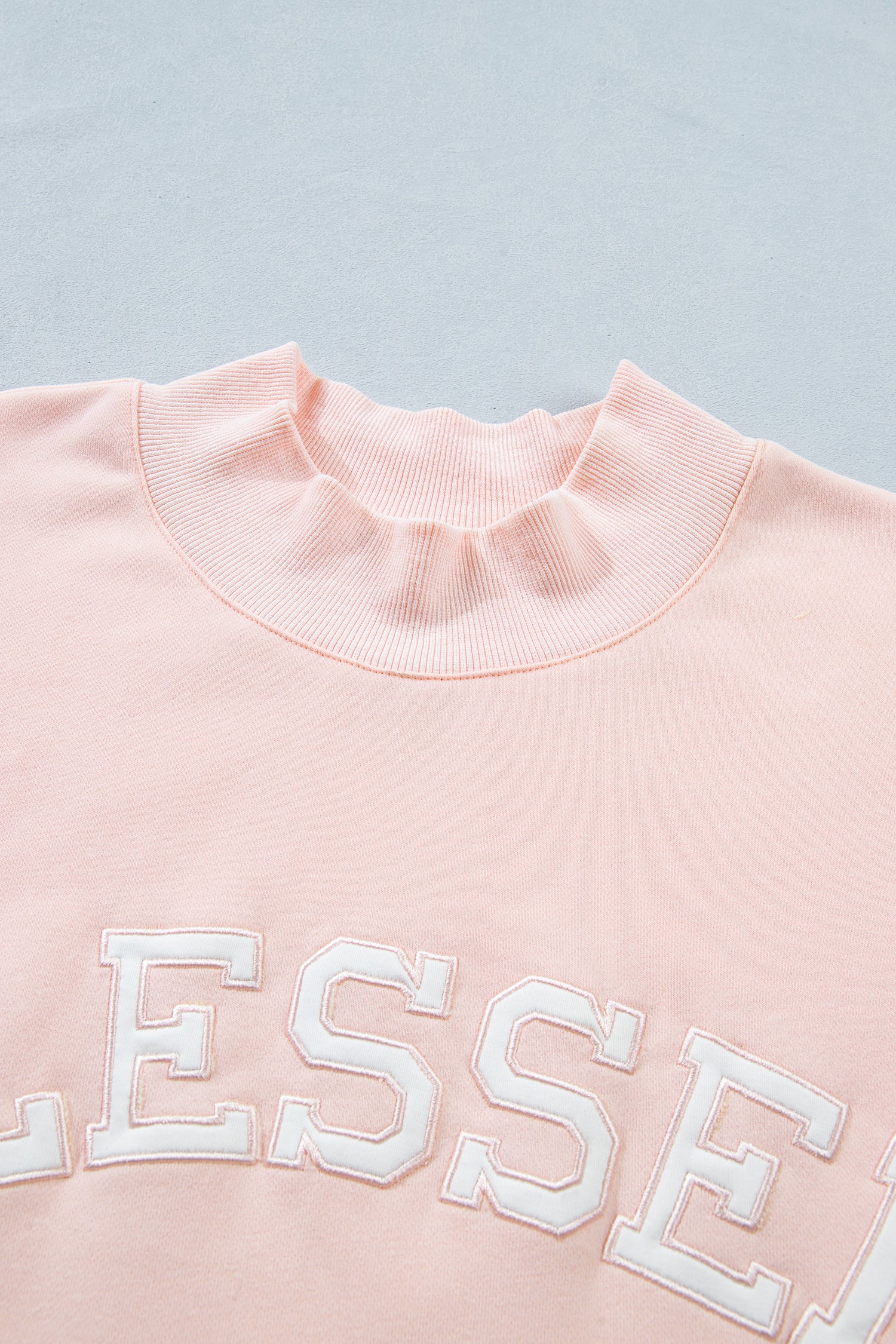Light Pink BLESSED Embroidered Trim Patch Graphic Plus Size Mock Neck Sweatshirt-Plus Size/Plus Size Sweatshirts & Hoodies-[Adult]-[Female]-2022 Online Blue Zone Planet