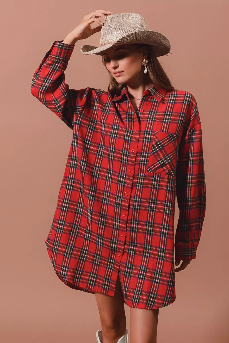 white christmas dresses So Me Christmas Checker Plaid Button Up Shirt Dress Red Multi / S by Blue Zone Planet