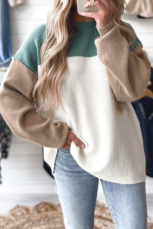 Green Color Block Plain Ribbed Knit Baggy Sweater-TOPS / DRESSES-[Adult]-[Female]-Green-S-2022 Online Blue Zone Planet