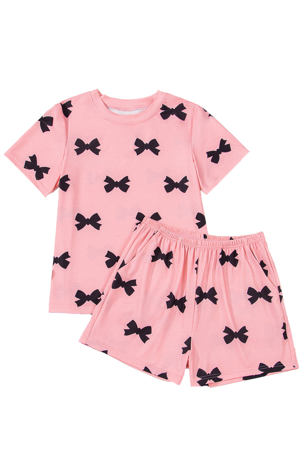 Pink Allover Bow Print Pockets Cropped Pajama Set-Loungewear Set-[Adult]-[Female]-2022 Online Blue Zone Planet
