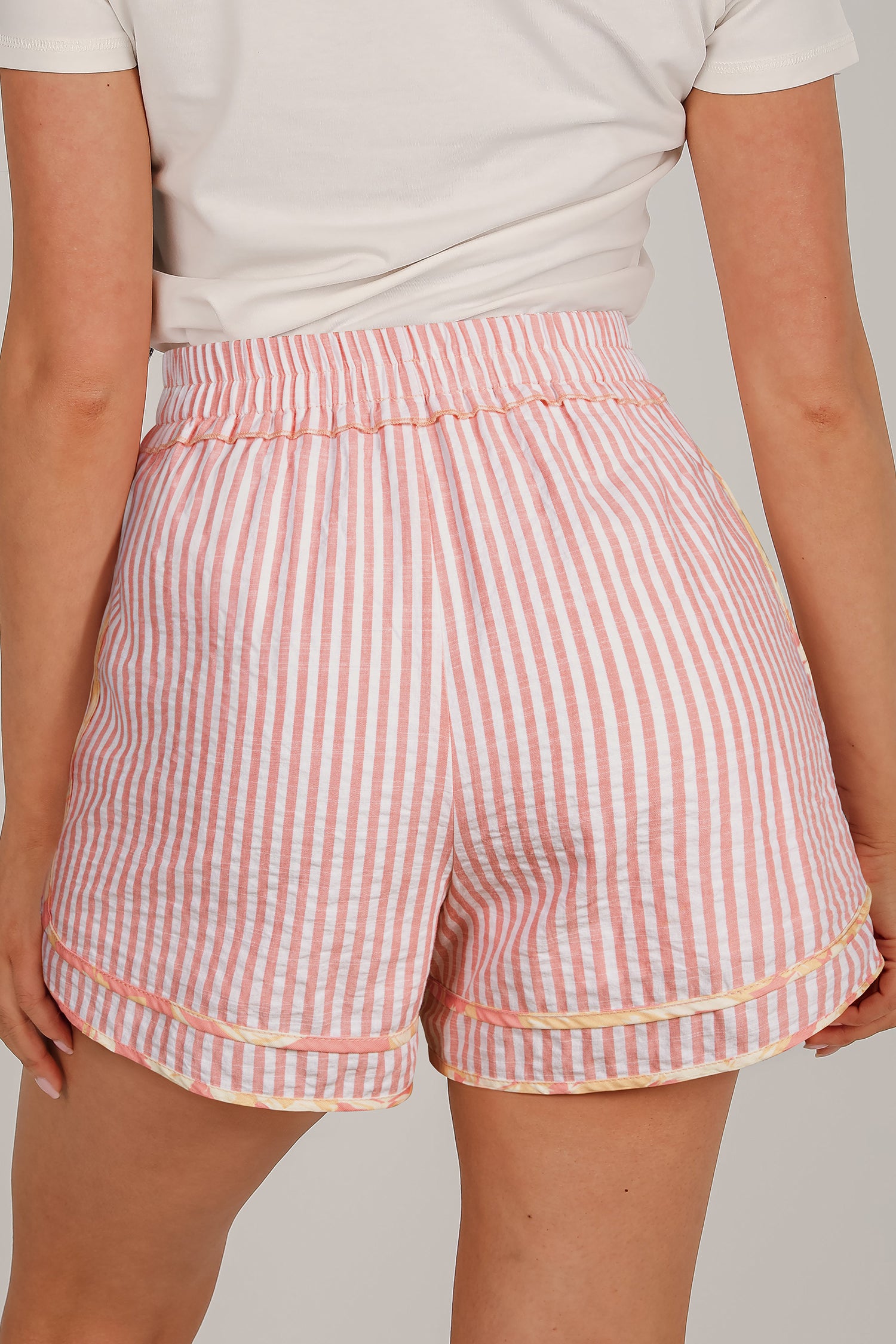 Light Pink Floral Trim Ribbon Knot Striped Casual Shorts-Bottoms/Casual Shorts-[Adult]-[Female]-2022 Online Blue Zone Planet