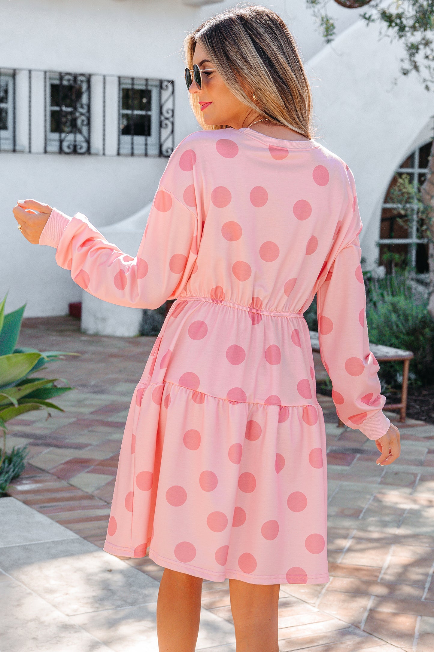 fitted lace wedding dress Polka Dot Long Sleeve Flared Mini Dress Pink / L