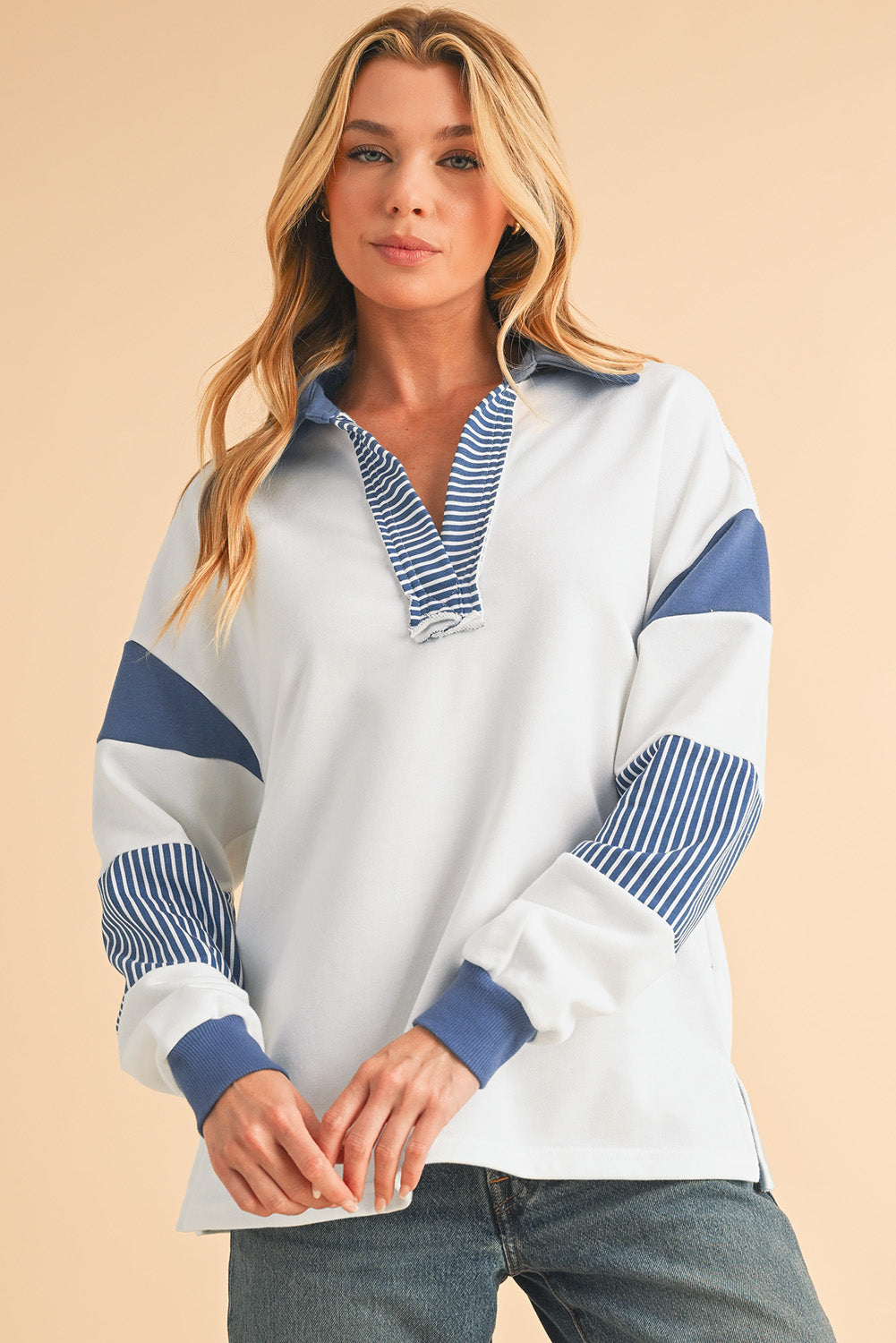 Sail Blue Striped Patchwork Collar Sweatshirt-Sweatshirts & Hoodies-[Adult]-[Female]-2022 Online Blue Zone Planet