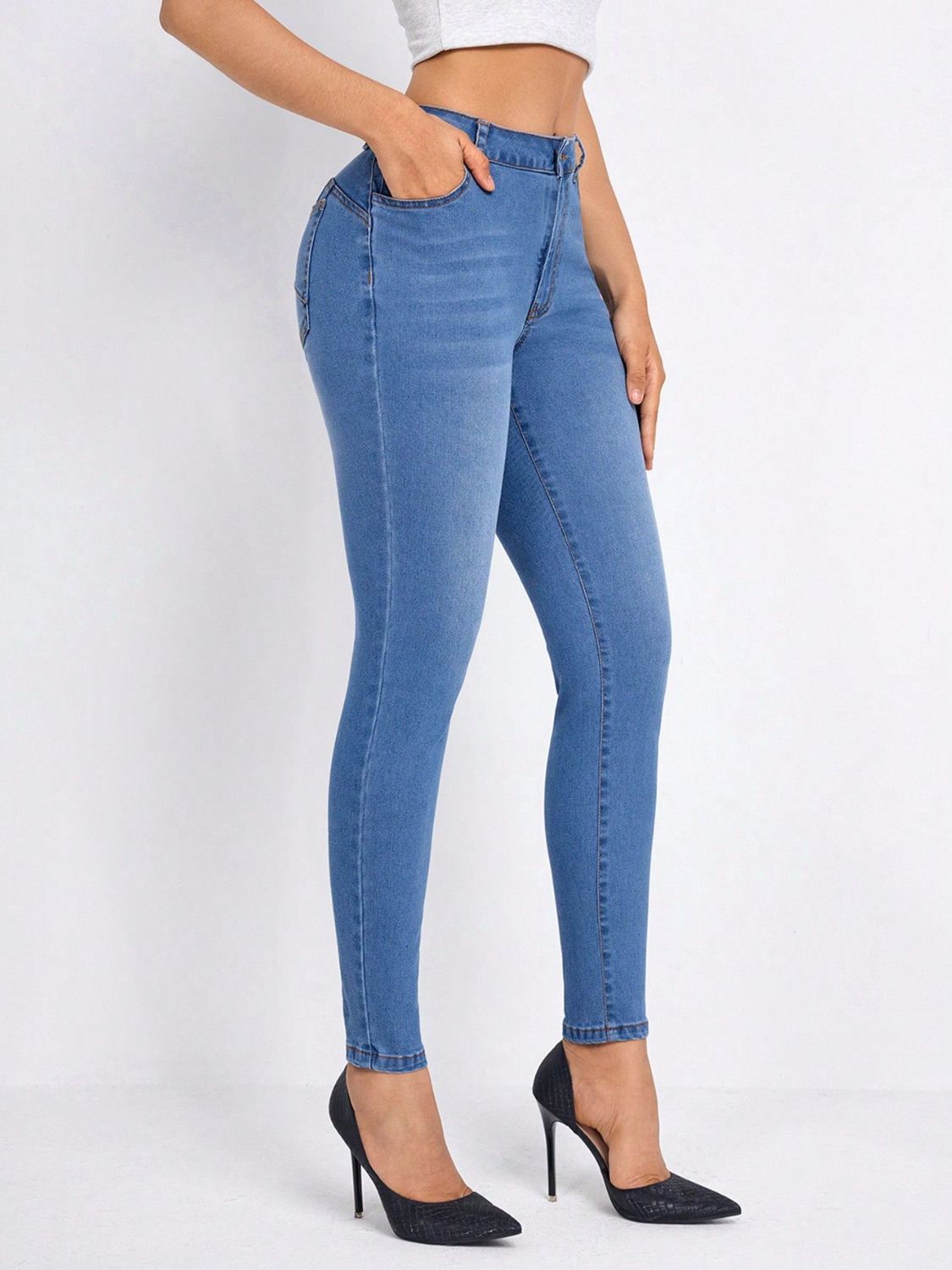 High Rise Skinny Jeans with Pockets-[Adult]-[Female]-2022 Online Blue Zone Planet