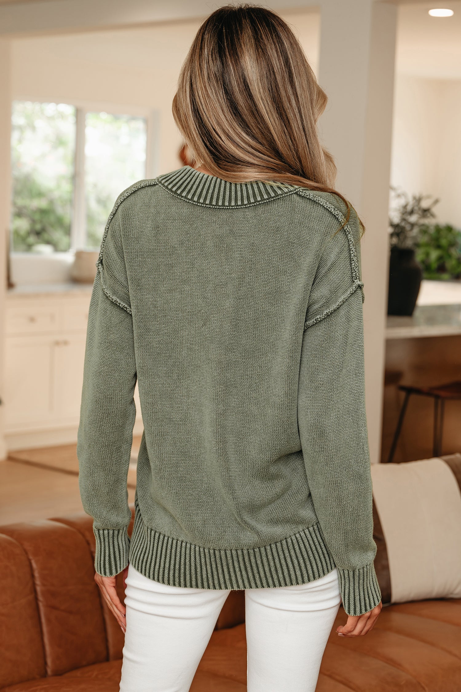 Four Leaf Clover Mineral Wash V Neck Knit Exposed Seam Drop Shoulder Loose Sweater-TOPS / DRESSES-[Adult]-[Female]-2022 Online Blue Zone Planet