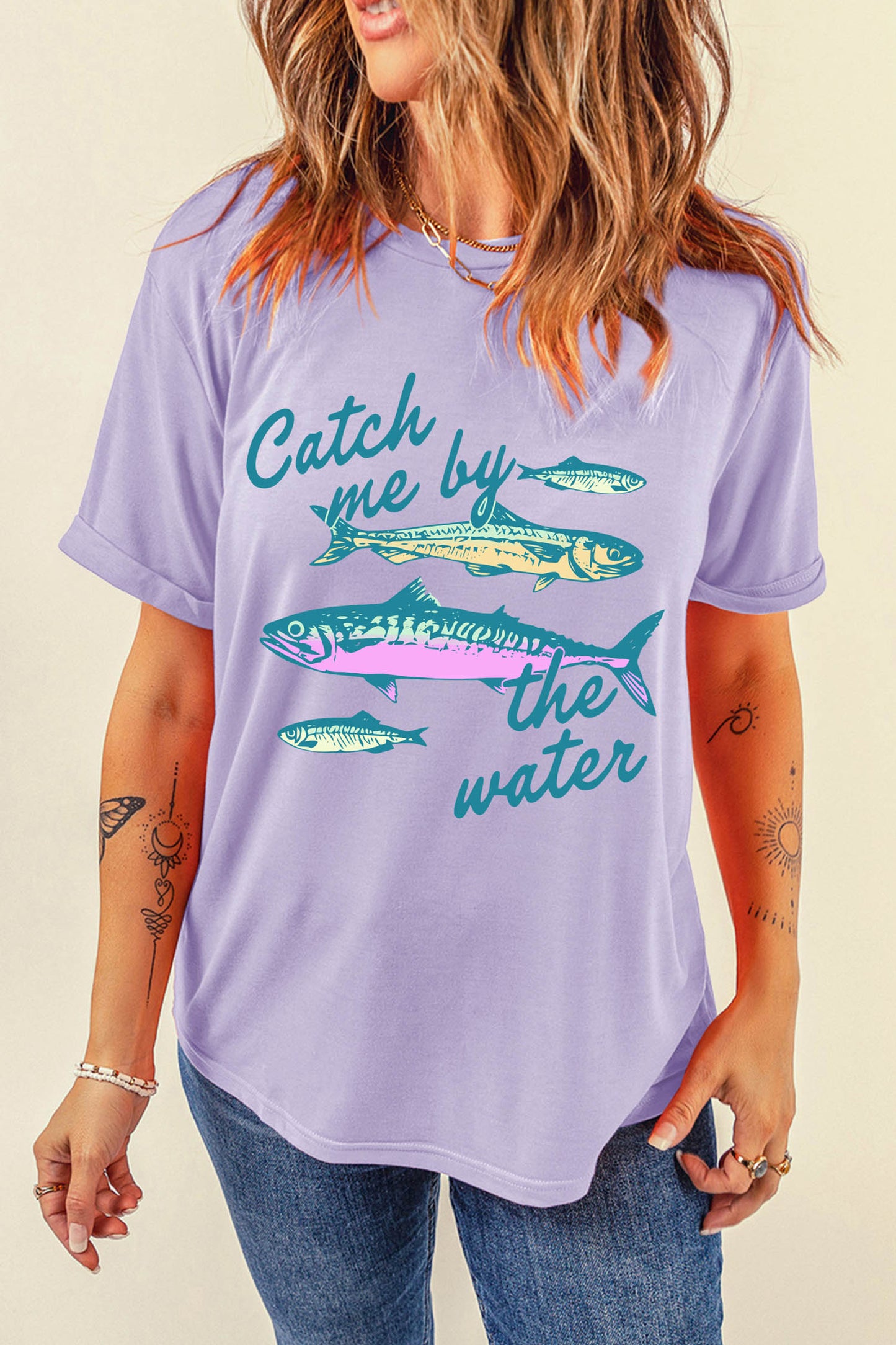 Orchid Petal Catch Me By The Water Fishes Printed T Shirt