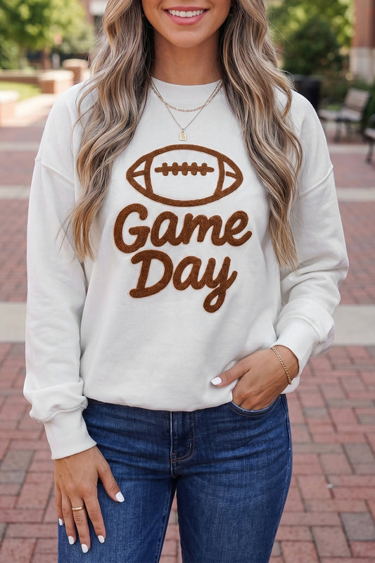 White Embroidered Slogan Game Day Rugby Pattern Crewneck Sweatshirt-Tops/Sweatshirts & Hoodies-[Adult]-[Female]-White-S-2022 Online Blue Zone Planet