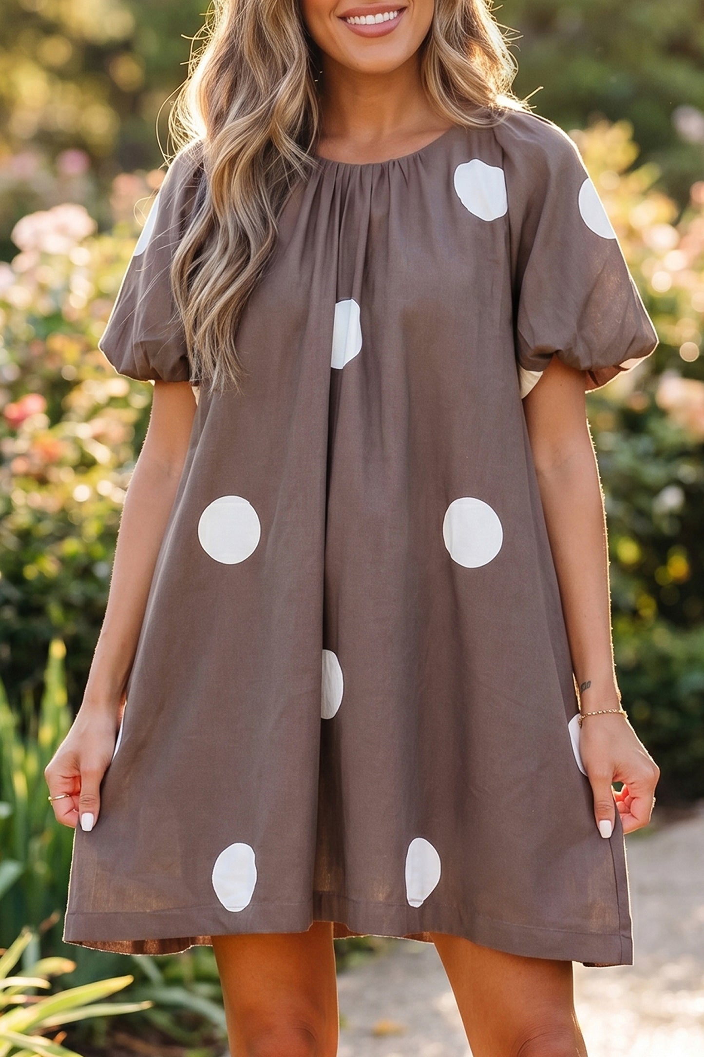 Brown Polka Dot Print Knot Back Short Puff Sleeve Loose Mini Dress-TOPS / DRESSES-[Adult]-[Female]-2022 Online Blue Zone Planet