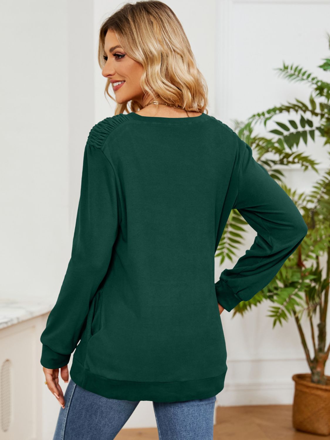 Ruched Shoulder Round Neck Long Sleeve Sweatshirt-TOPS / DRESSES-[Adult]-[Female]-2022 Online Blue Zone Planet