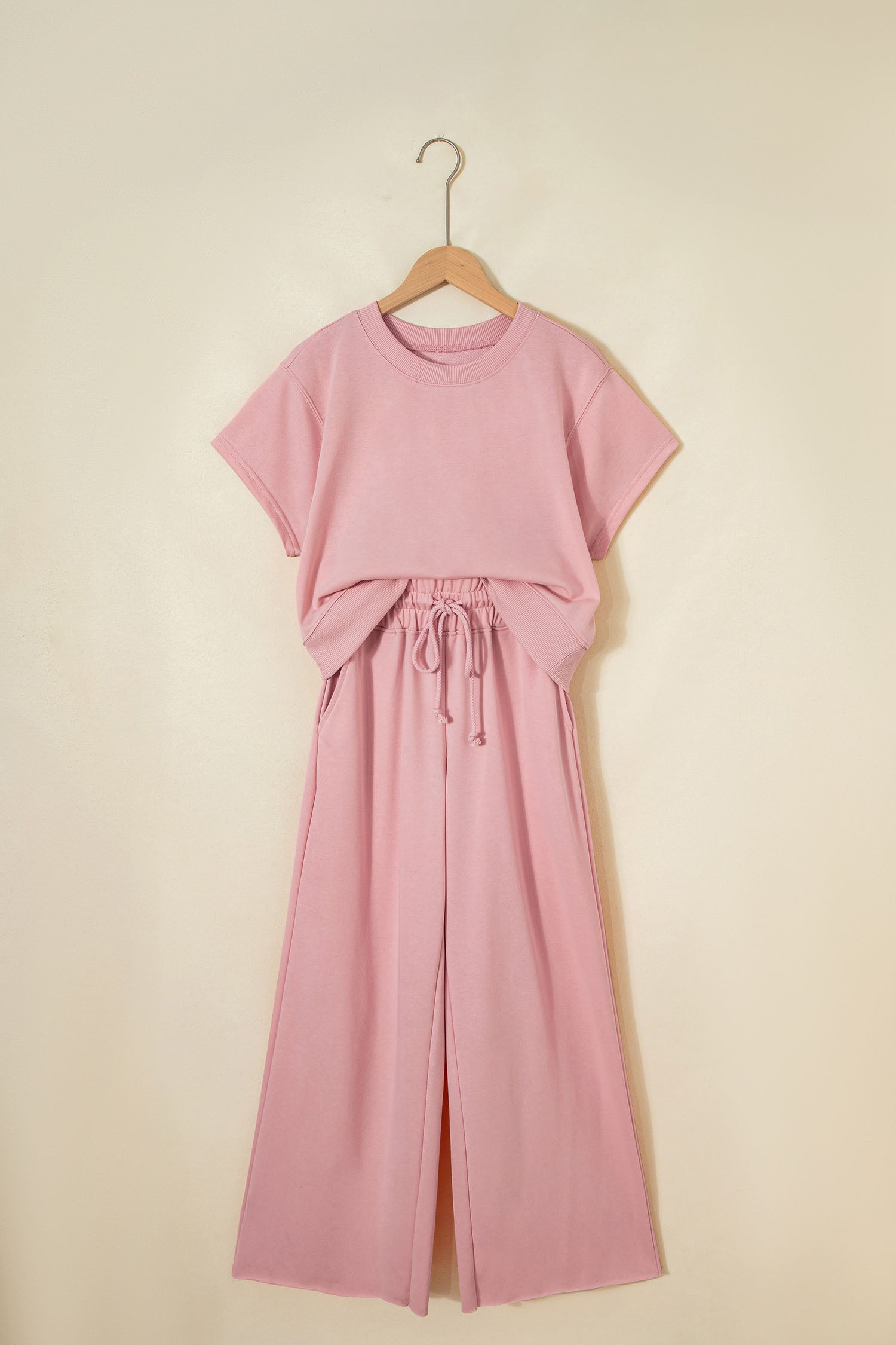 Light Pink Solid Color Loose Tee Drawstring Wide Leg Pants 2pcs Outfit-Two Piece Sets/Pant Sets-[Adult]-[Female]-2022 Online Blue Zone Planet