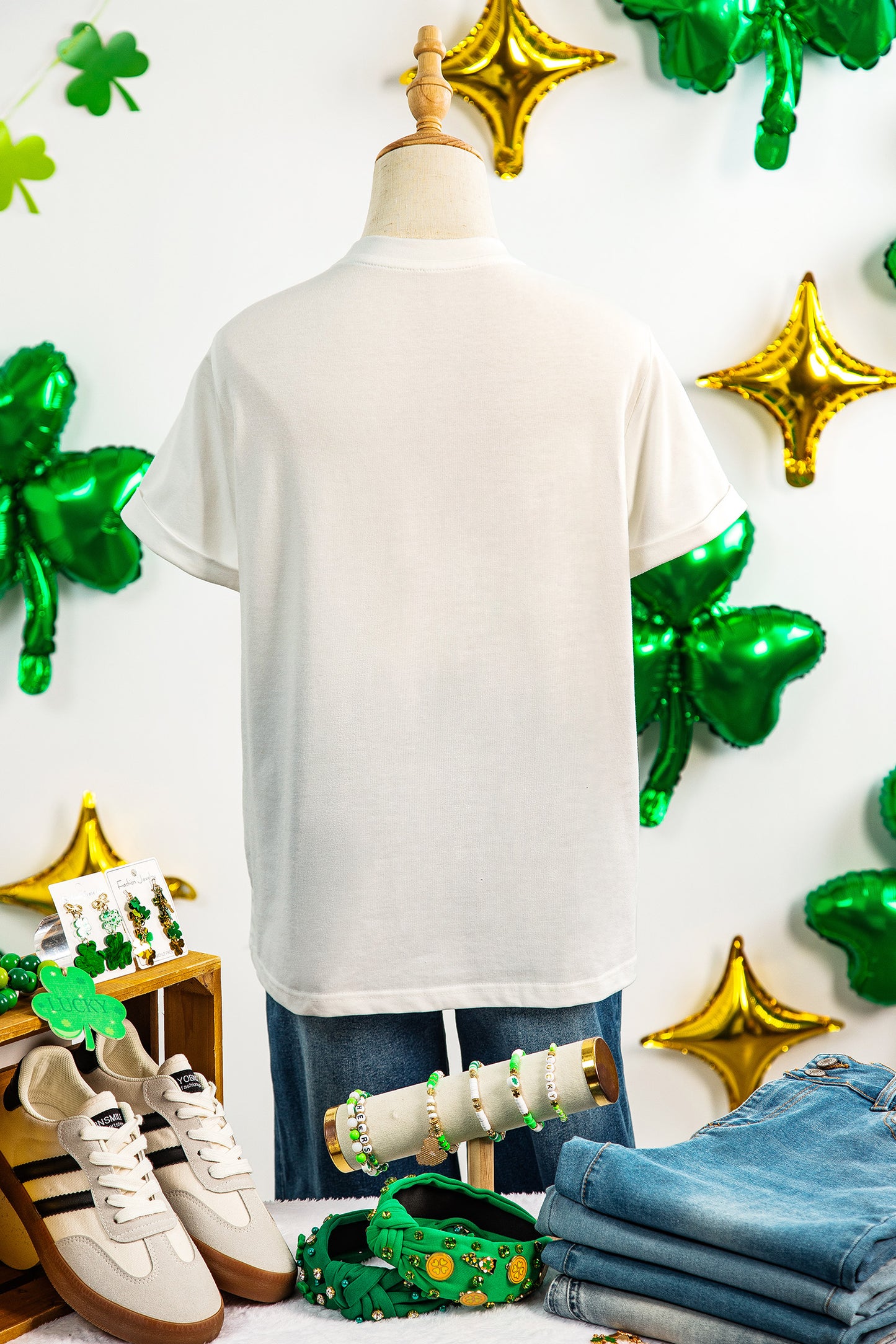 White Embroidered Clover St Patricks Fashion Graphic Tee-Graphic/Graphic Tees-[Adult]-[Female]-2022 Online Blue Zone Planet