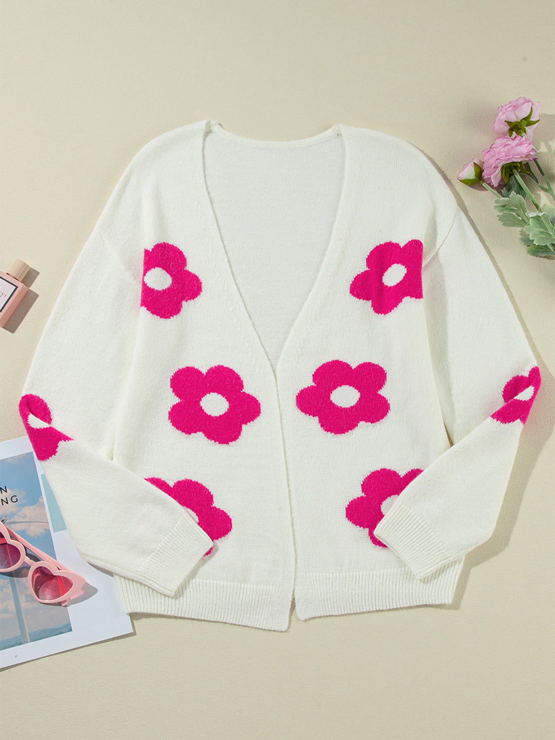 Blue Zone Planet | Flower Open Front Long Sleeve Cardigan-TOPS / DRESSES-[Adult]-[Female]-2022 Online Blue Zone Planet