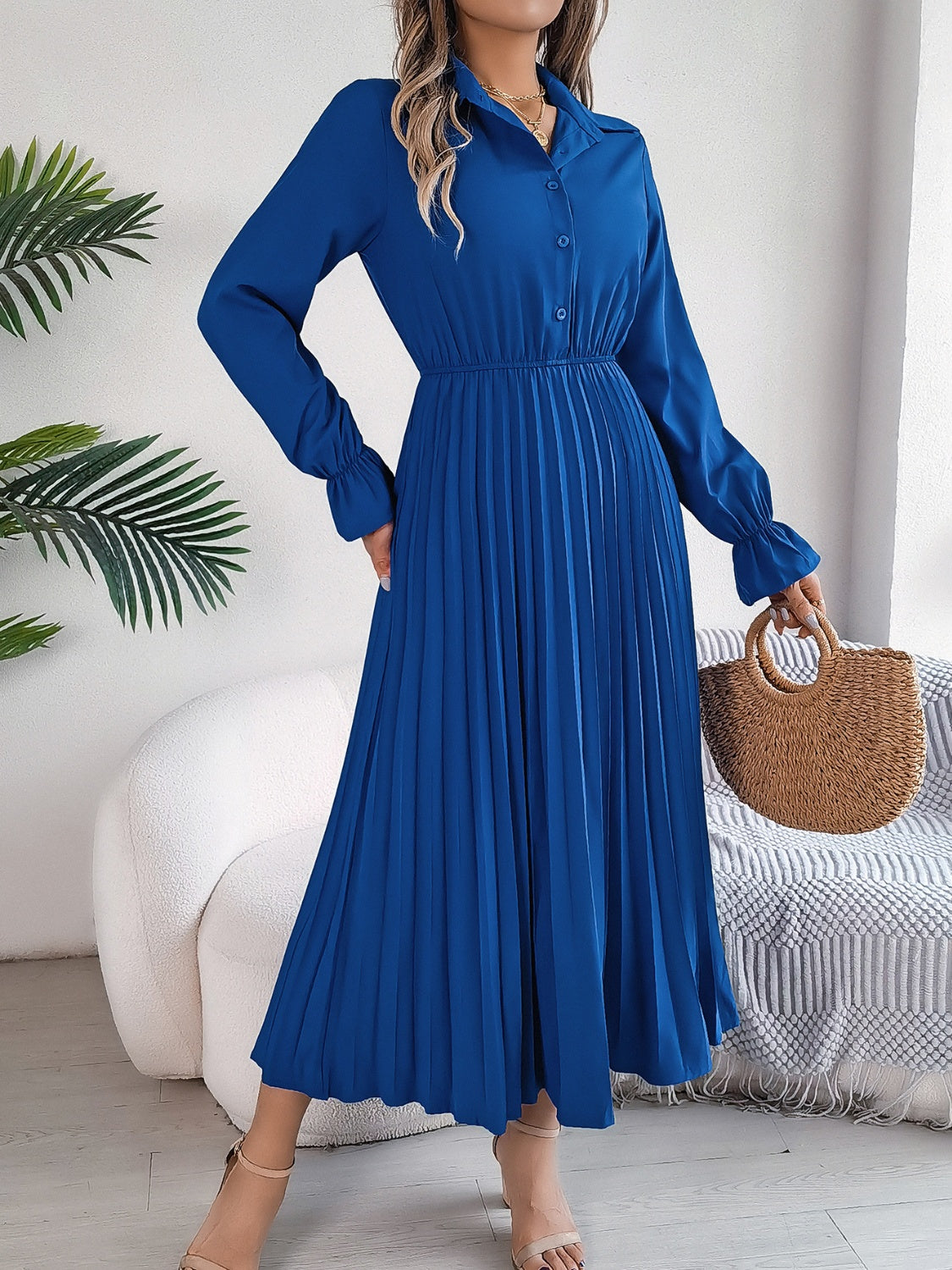 Blue Zone Planet | Pleated Half Button Long Sleeve Midi Dress-TOPS / DRESSES-[Adult]-[Female]-2022 Online Blue Zone Planet