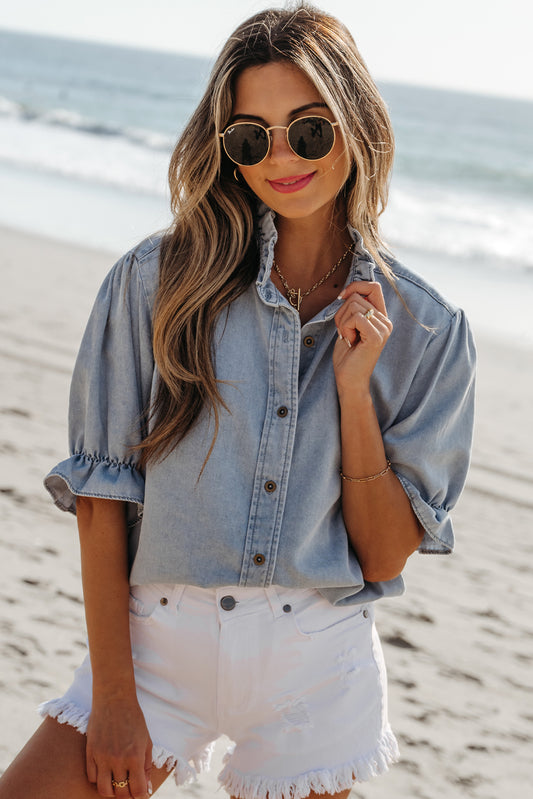 Beau Blue Ruffle Short Puff Sleeve Summer Chambray Shirt-Tops/Blouses & Shirts-[Adult]-[Female]-Beau Blue-S-2022 Online Blue Zone Planet