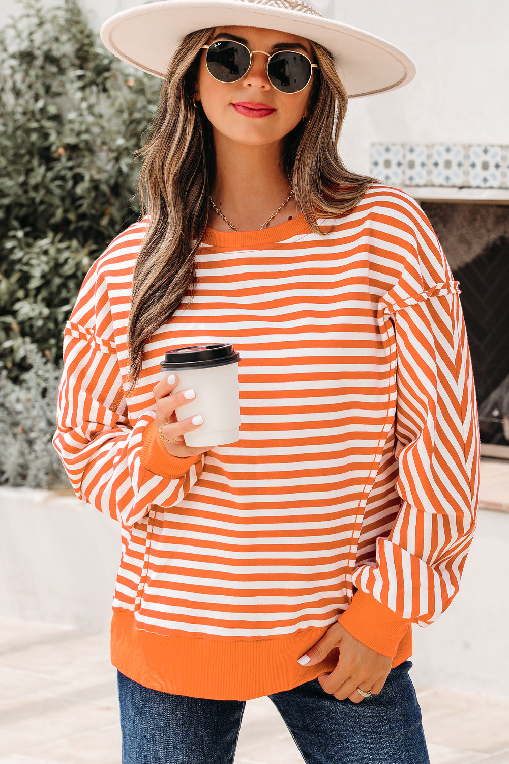 Orange Stripe Exposed Seam Drop Shoulder Casual Pullover Top-Tops/Long Sleeve Tops-[Adult]-[Female]-2022 Online Blue Zone Planet