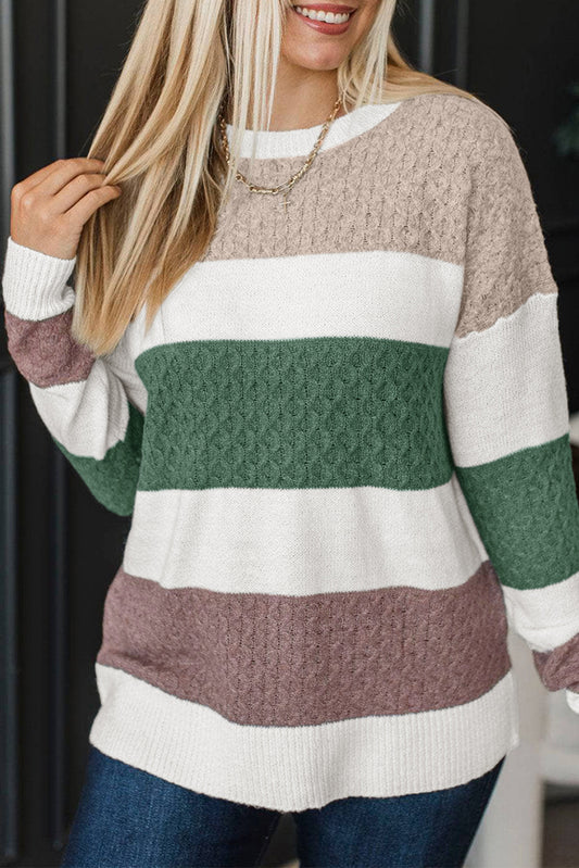 Green Mixed Texture Knit Striped Color Block Loose Sweater-Sweaters & Cardigans/Sweaters-[Adult]-[Female]-Green-S-2022 Online Blue Zone Planet