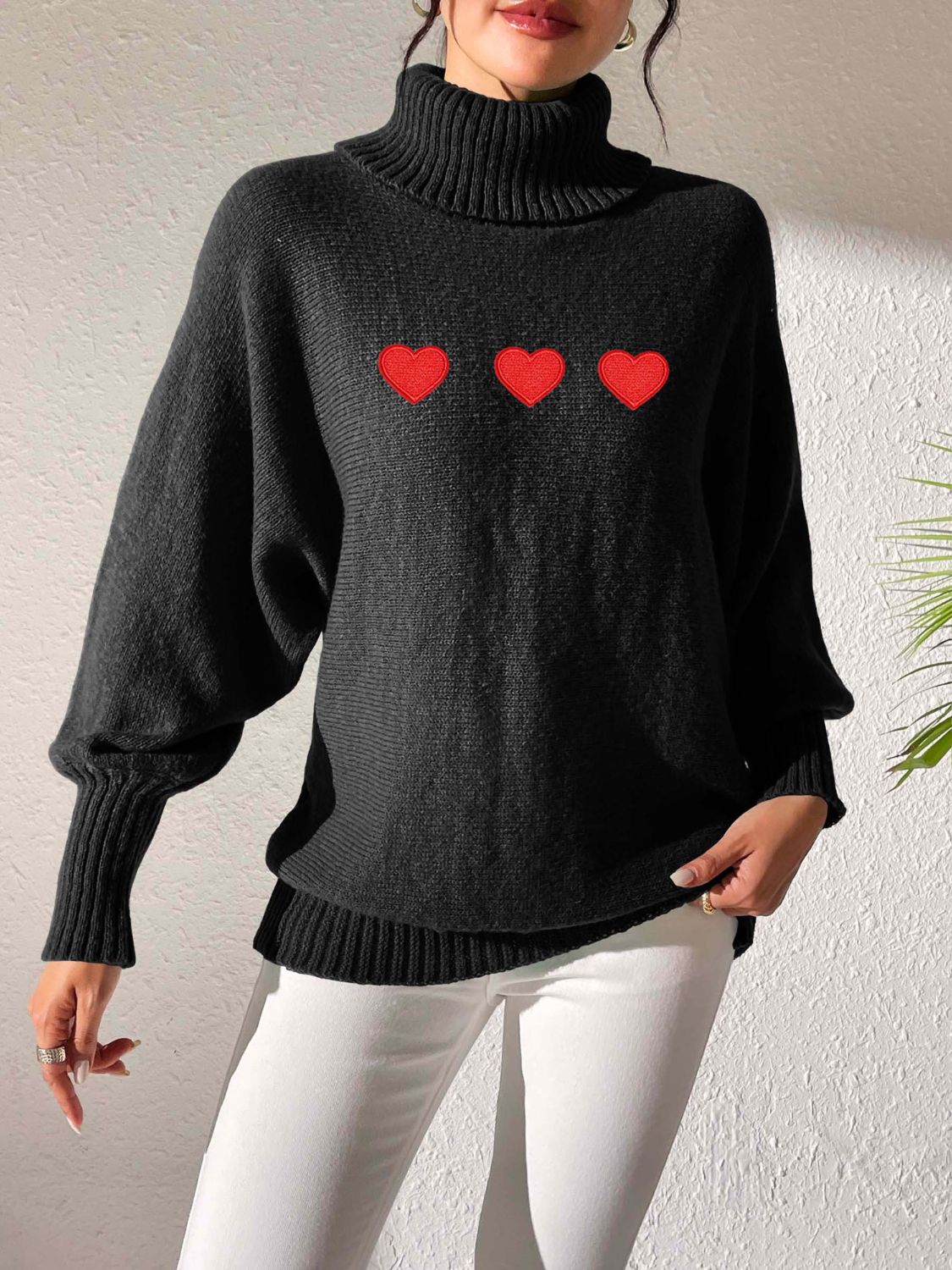 Heart Turtleneck Long Sleeve Sweater-TOPS / DRESSES-[Adult]-[Female]-Black-S-2022 Online Blue Zone Planet