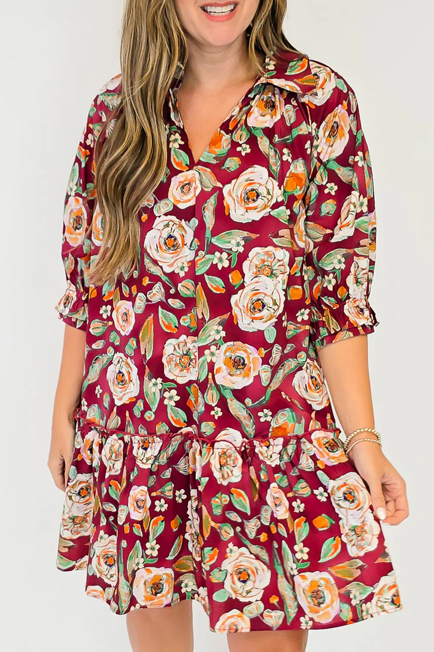 Red Floral Print Half Sleeve Short Shift Dress