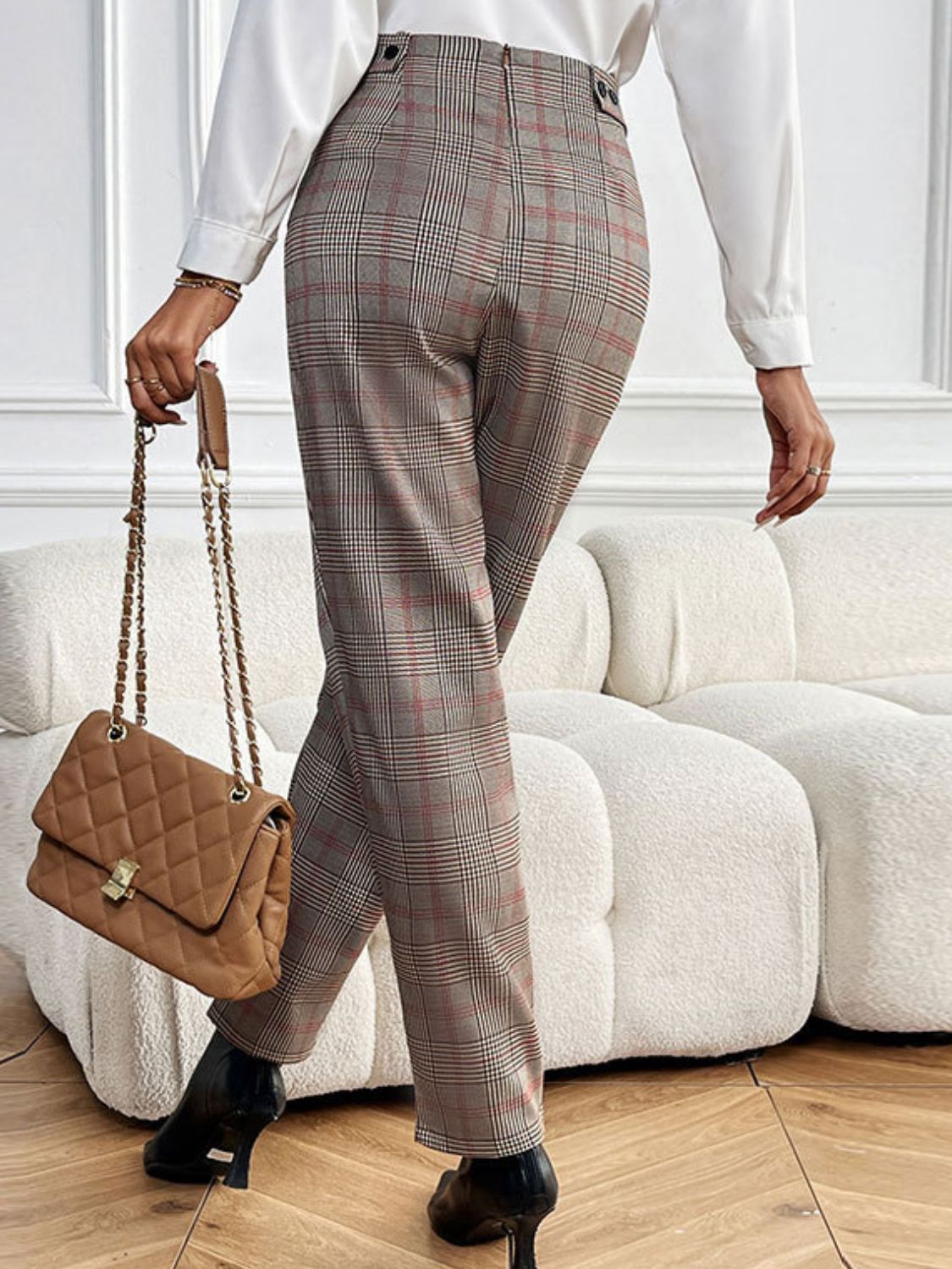 Perfee Plaid Straight Pants with Pockets-BOTTOMS SIZES SMALL MEDIUM LARGE-[Adult]-[Female]-2022 Online Blue Zone Planet