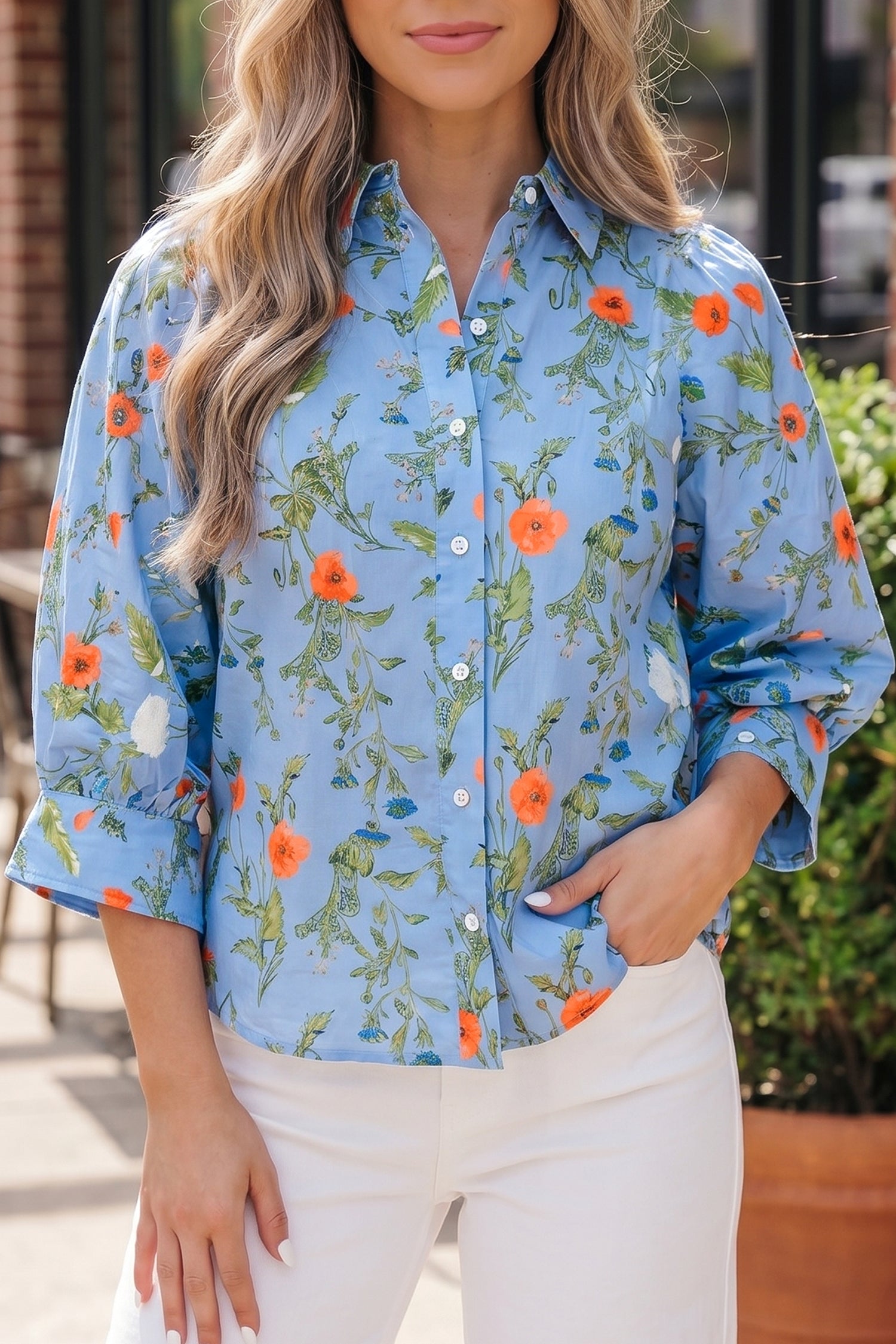Sky Blue Floral Print Bracelet Sleeve Button Down Casual Shirt-Tops/Blouses & Shirts-[Adult]-[Female]-Sky Blue-S-2022 Online Blue Zone Planet