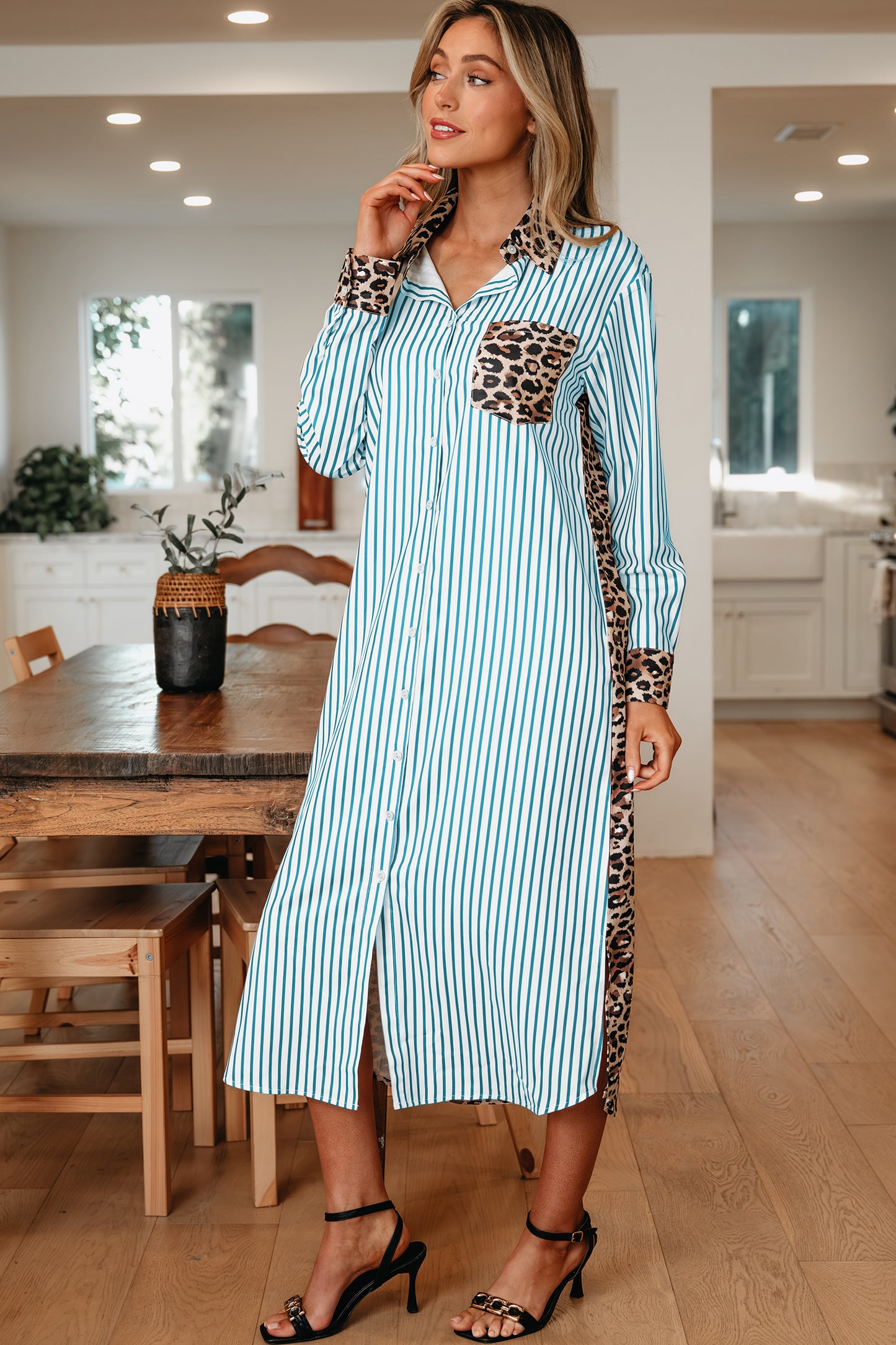 Sky Blue Stripe Contrast Leopard Patchwork Long Shirt Dress with Slits-TOPS / DRESSES-[Adult]-[Female]-2022 Online Blue Zone Planet
