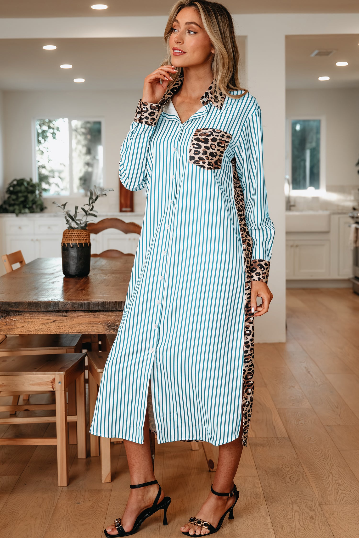 Sky Blue Stripe Contrast Leopard Patchwork Long Shirt Dress with Slits-TOPS / DRESSES-[Adult]-[Female]-2022 Online Blue Zone Planet