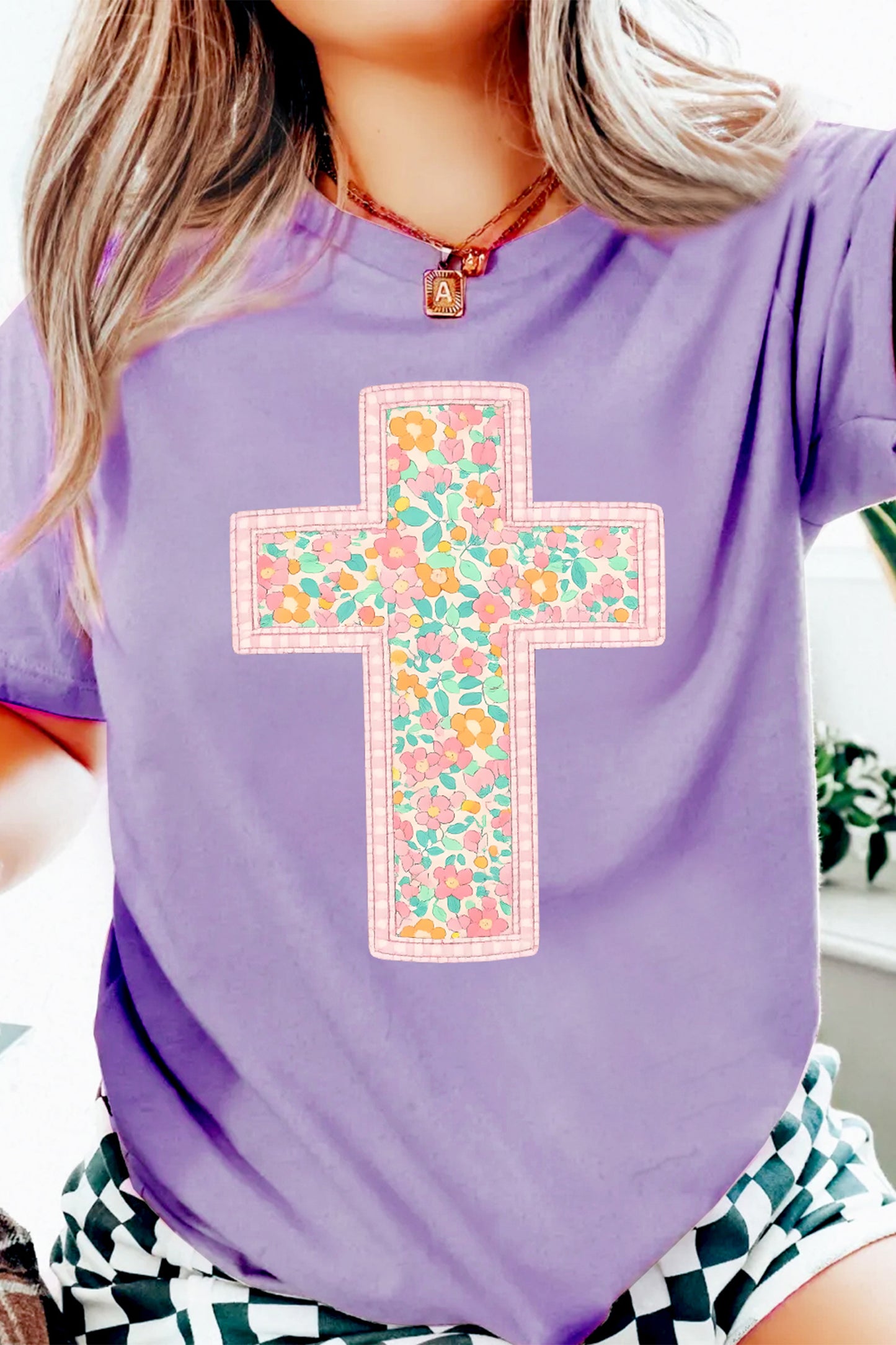 Wisteria Easter Floral Cross Christian Casual Tee-Graphic/Graphic Tees-[Adult]-[Female]-2022 Online Blue Zone Planet