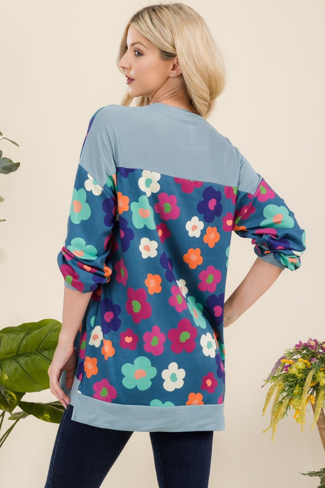 Blue Zone Planet | Celeste Full Size Side Slit Flower Print Long Sleeve Top-TOPS / DRESSES-[Adult]-[Female]-2022 Online Blue Zone Planet